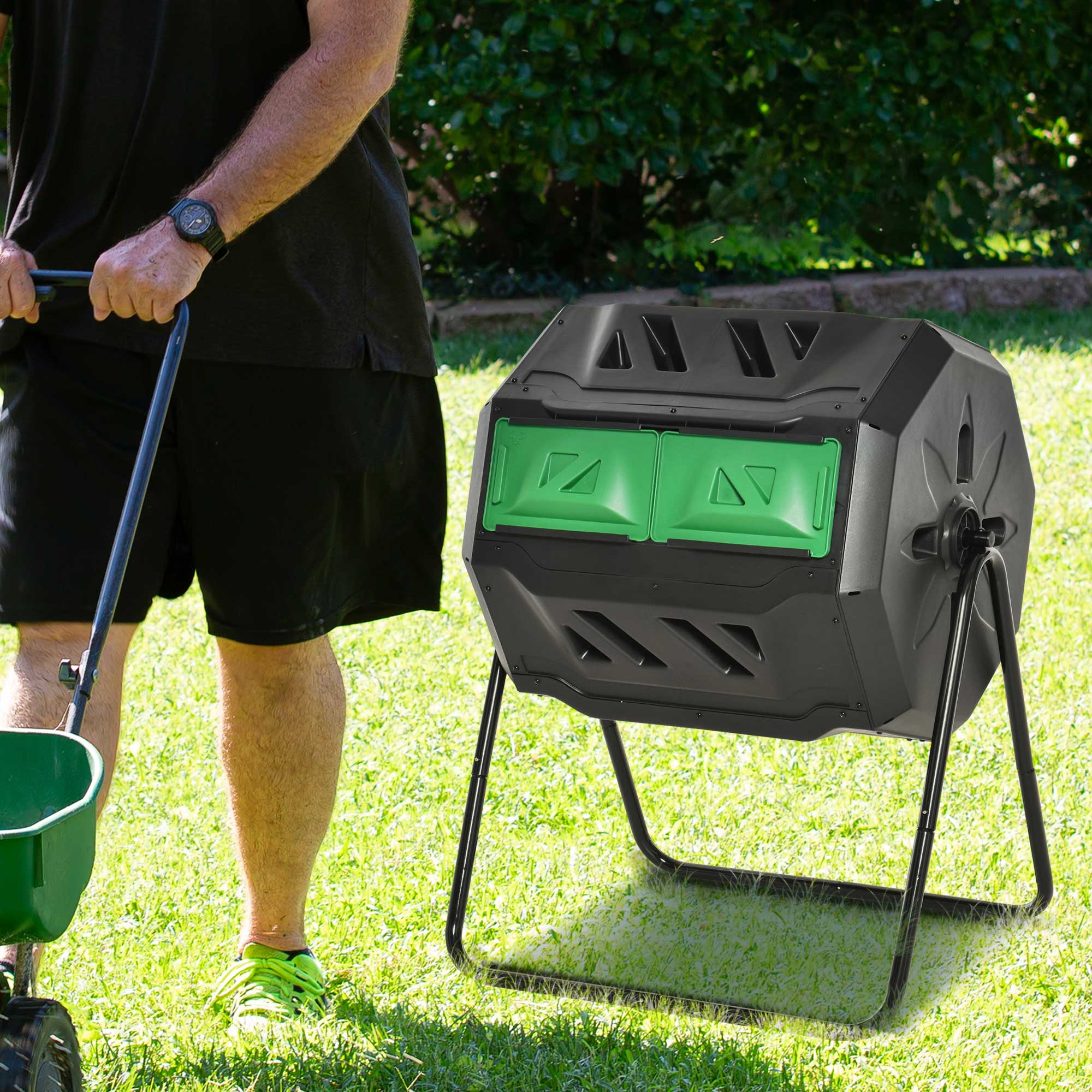 Alt View 8. Outsunny - Tumbling Compost Bin Outdoor 360° Dual Chamber Rotating Composter 43 Gallon - Green.