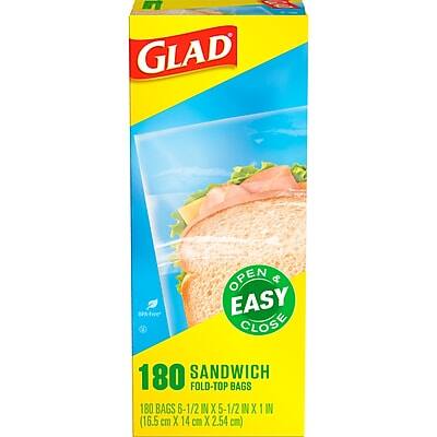 GLAD OPEN & EASY CLOSE  
180 SANDWICH FOLD-TOP BAGS  
180 BAGS 6-1/2 IN X 5-1/2 IN X 1 IN (16.5 cm X 14 cm X 2.54 cm)