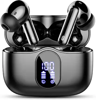 Front. PRIMEPLUS - Bluetooth 5.4 Wireless Earbuds, 36H Playtime with LED Case, 3.8g Ultra-Light, IPX7 Waterproof, Mono/Stereo Mode - Black.