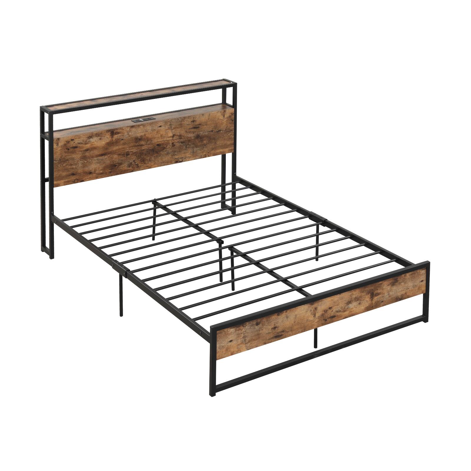 Front. Ecooso - Full Bed Frame with Built-in Storage Headboard and Convenient Charging Station - Brown.