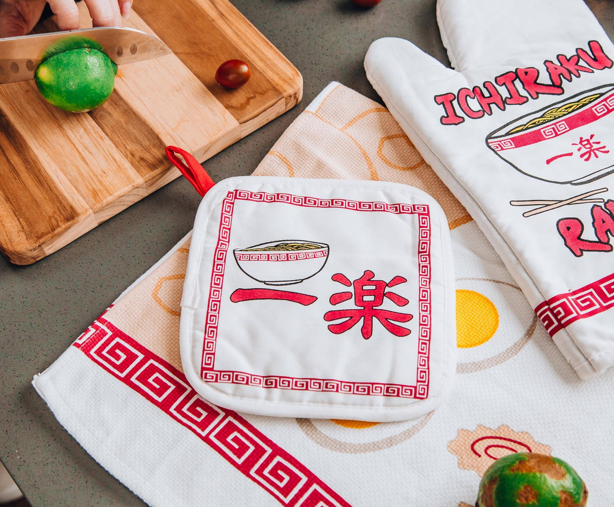 Alt View 1. Just Funky - Naruto Ichiraku Ramen 3-Piece Kitchen Set | Oven Mitt, Dish Towel, Pot Holder - White.
