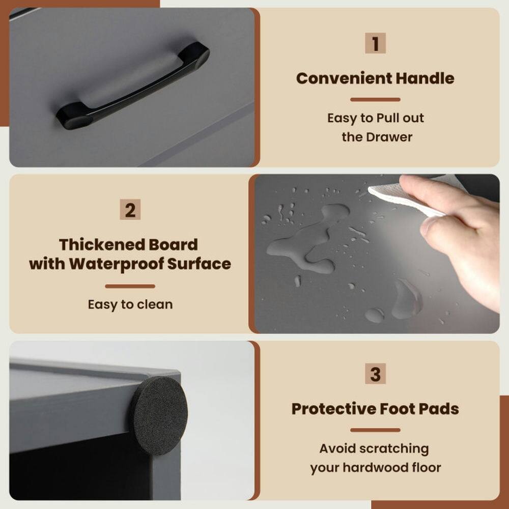 1. Convenient Handle - Easy to Pull out the Drawer  
2. Thickened Board with Waterproof Surface - Easy to clean  
3. Protective Foot Pads - Avoid scratching your hardwood floor