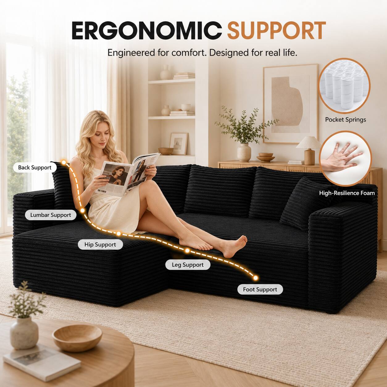 ERGONOMIC SUPPORT  
Engineered for comfort. Designed for real life.  

- Pocket Springs  
- High-Resilience Foam  
- Back Support  
- Lumbar Support  
- Hip Support  
- Leg Support  
- Foot Support