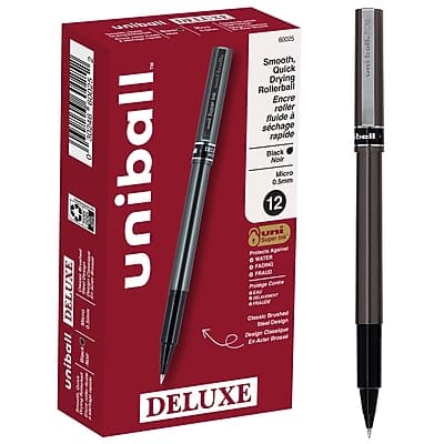 DELUXE uniball 60025  
Smooth, Quick Drying Rollerball  
Encre fluide  
Schreibflüssig  
Black C Noir  
Micro 0.5mm  
12 uni  
Protects Against Fading  
FRAUO Prothge LA SFRAUCE  
Classic Brushed Steel Design  
Dealge DELUXE uni-boll bell