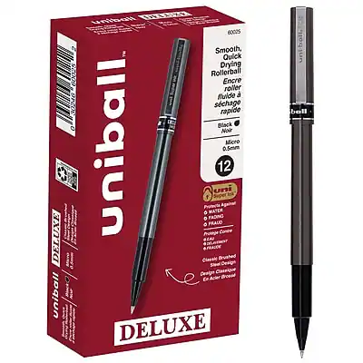 DELUXE uniball 60025
Smooth, Quick Drying Rollerball
Encre fluide
Schreibflüssig
Black C Noir
Micro 0.5mm
12 uni
Protects Against Fading
FRAUO Prothge LA SFRAUCE
Classic Brushed Steel Design
Dealge DELUXE uni-boll bell