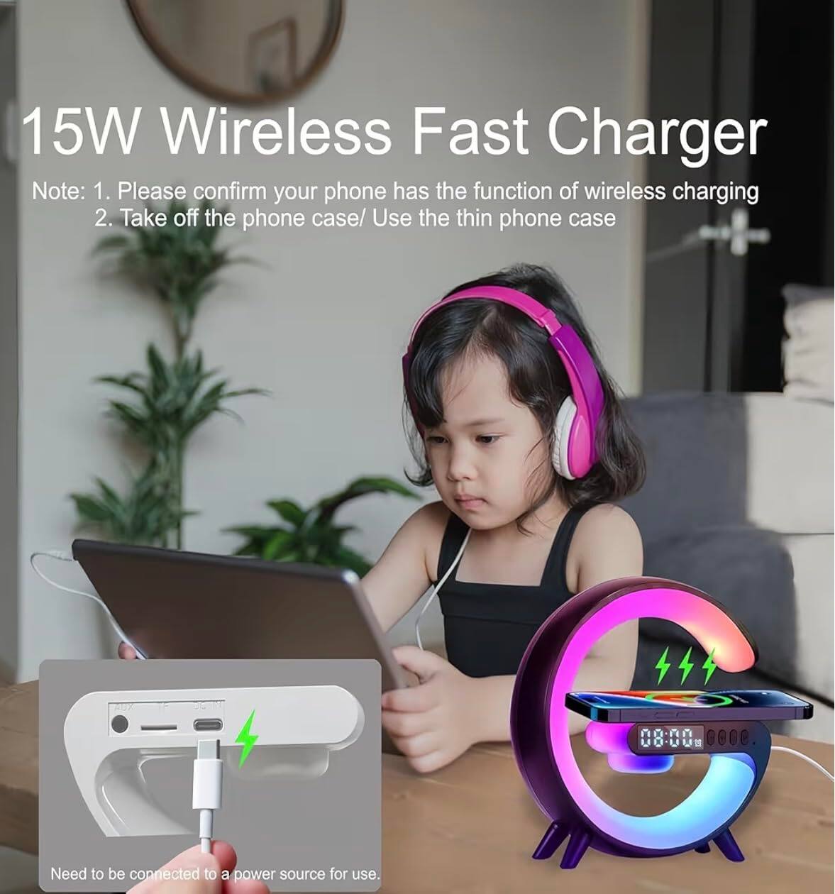 15W Wireless Fast Charger

Note: 1. Please confirm your phone has the function of wireless charging  
2. Take off the phone case/ Use the thin phone case

Need to be connected to a power source for use.