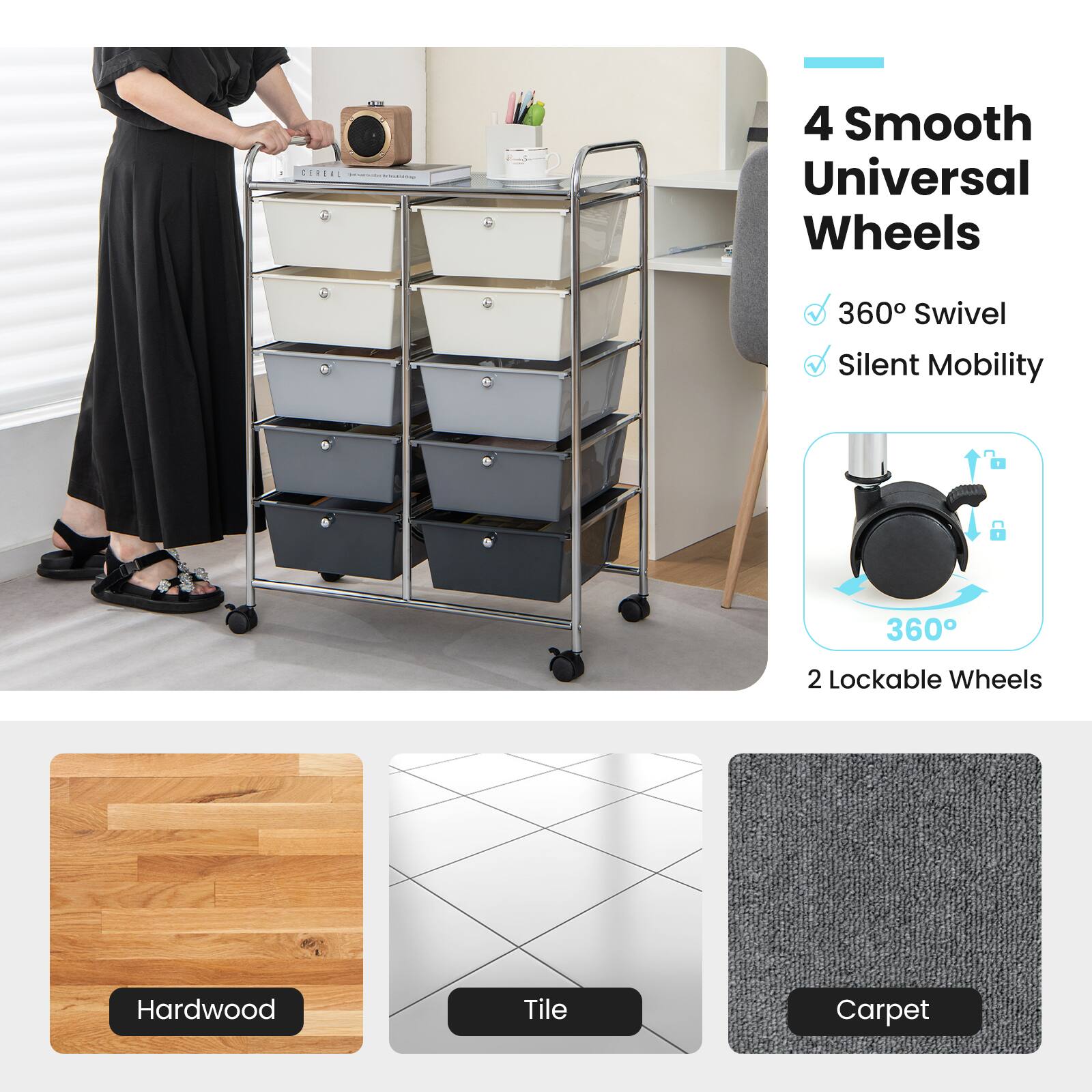 CEREEL S I 4 Smooth Universal Wheels 360 Swivel Silent Mobility 360 2 Lockable Wheels Hardwood Tile Carpet