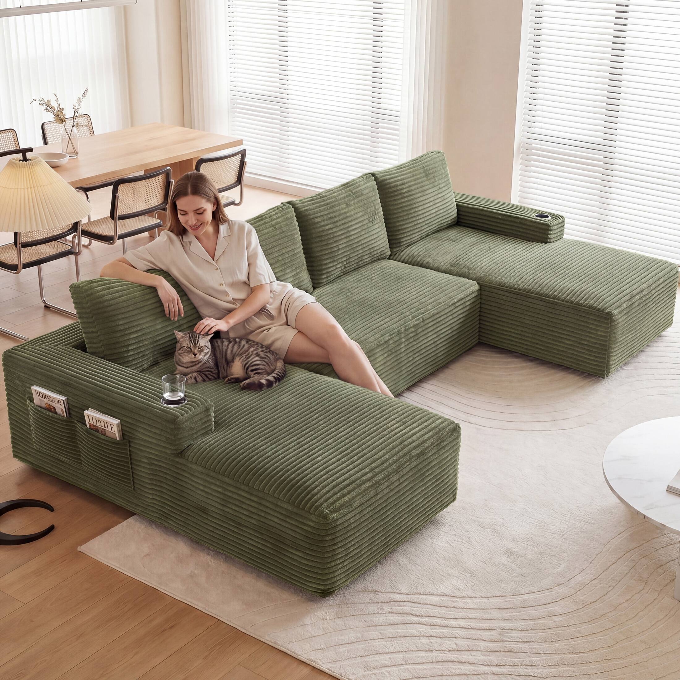 Angle. Anysun - Compressible U-Shaped Sectional Sofa Set – Minimalist Style Modular Sofa, Corduroy Fabric Cloud Couch for Living Room - Green.