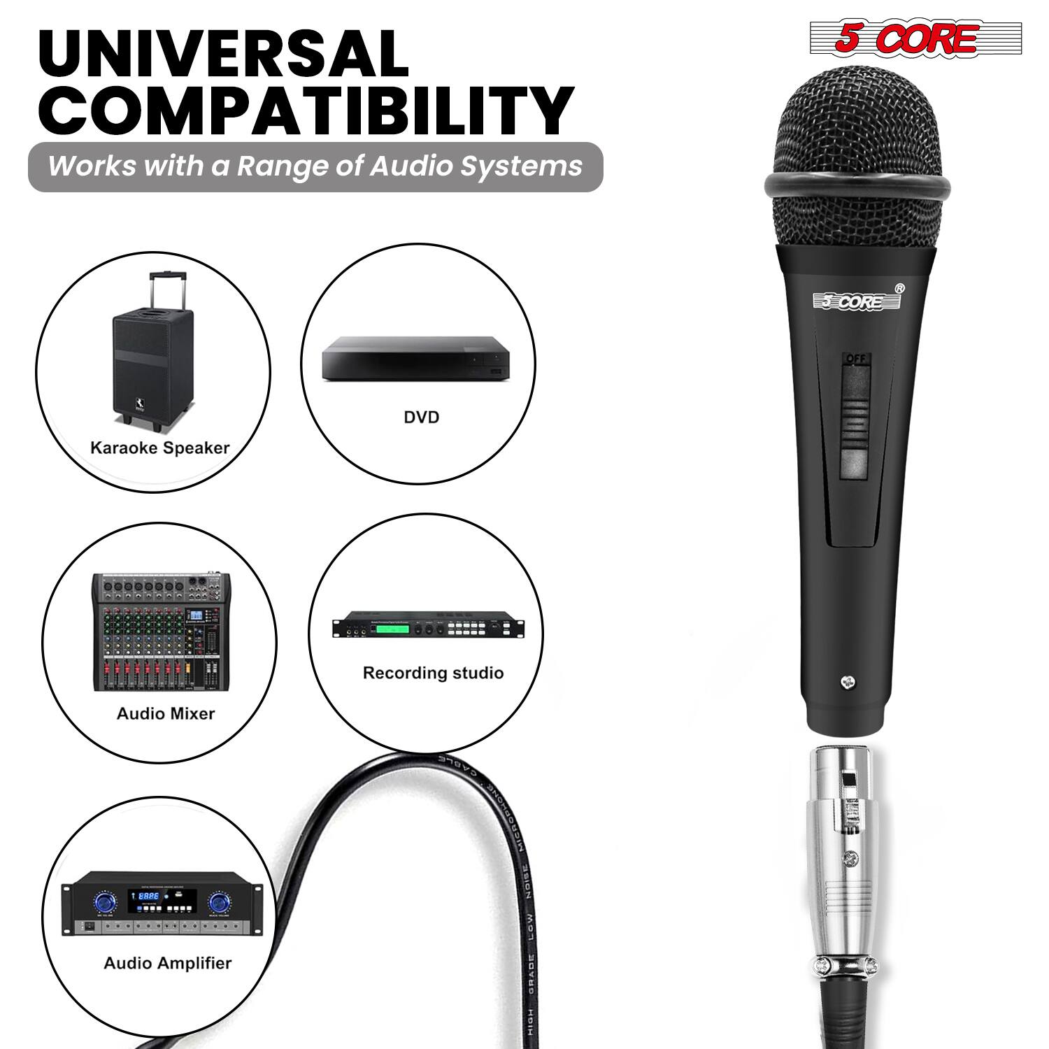 **UNIVERSAL COMPATIBILITY**  
Works with a Range of Audio Systems

- Karaoke Speaker
- DVD
- Audio Mixer
- Recording studio
- Audio Amplifier

**5 CORE**