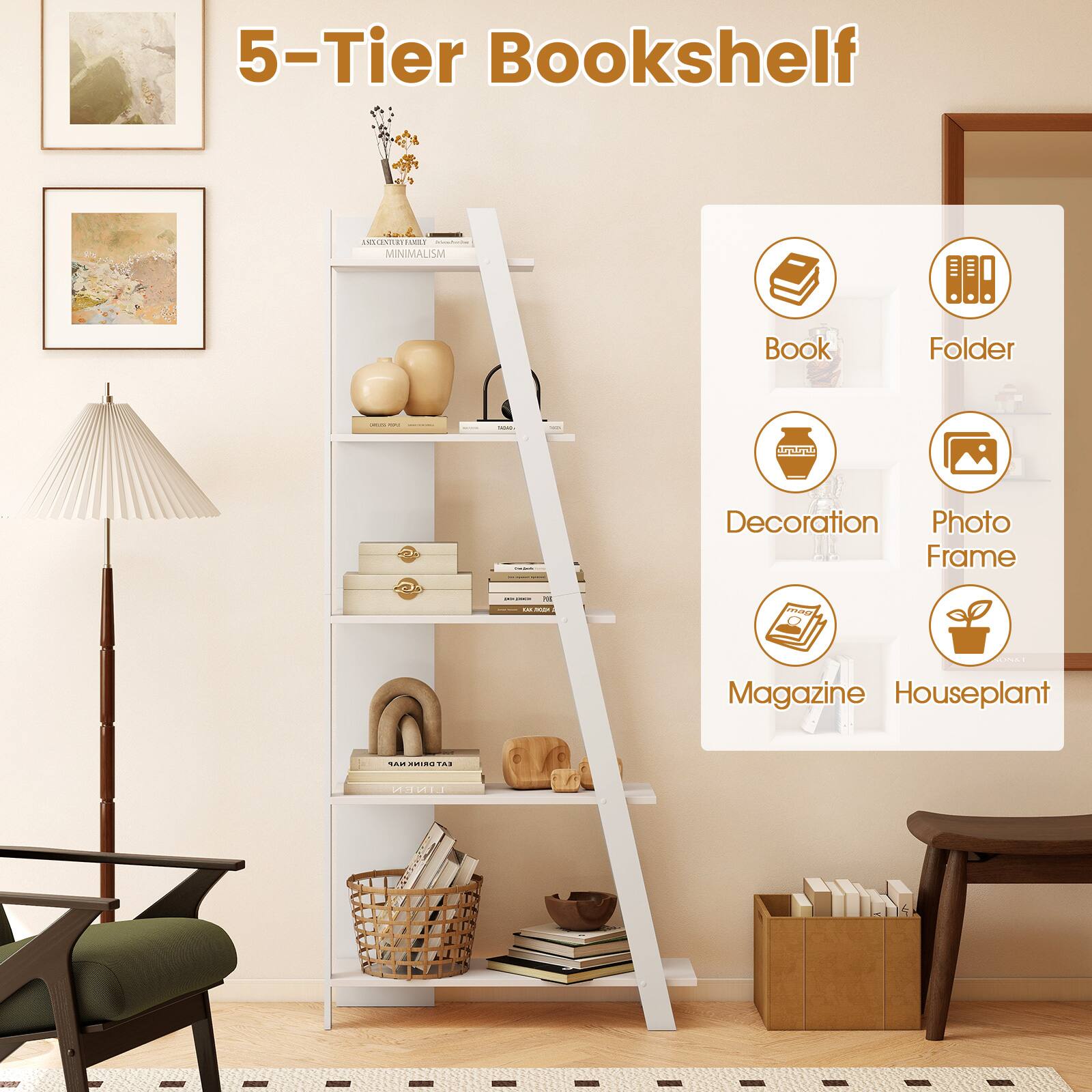 5-Tier Bookshelf

- Book
- Folder
- Decoration
- Photo Frame
- Magazine
- Houseplant