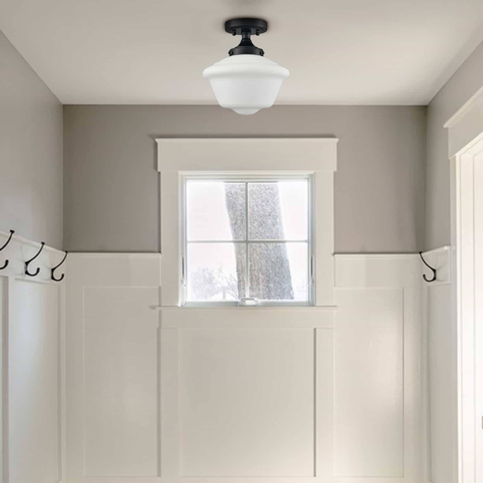 Back. MOOSE - Salina Schoolhouse Semi-Flush Mount Ceiling Light with Milk Glass Shade - Black.