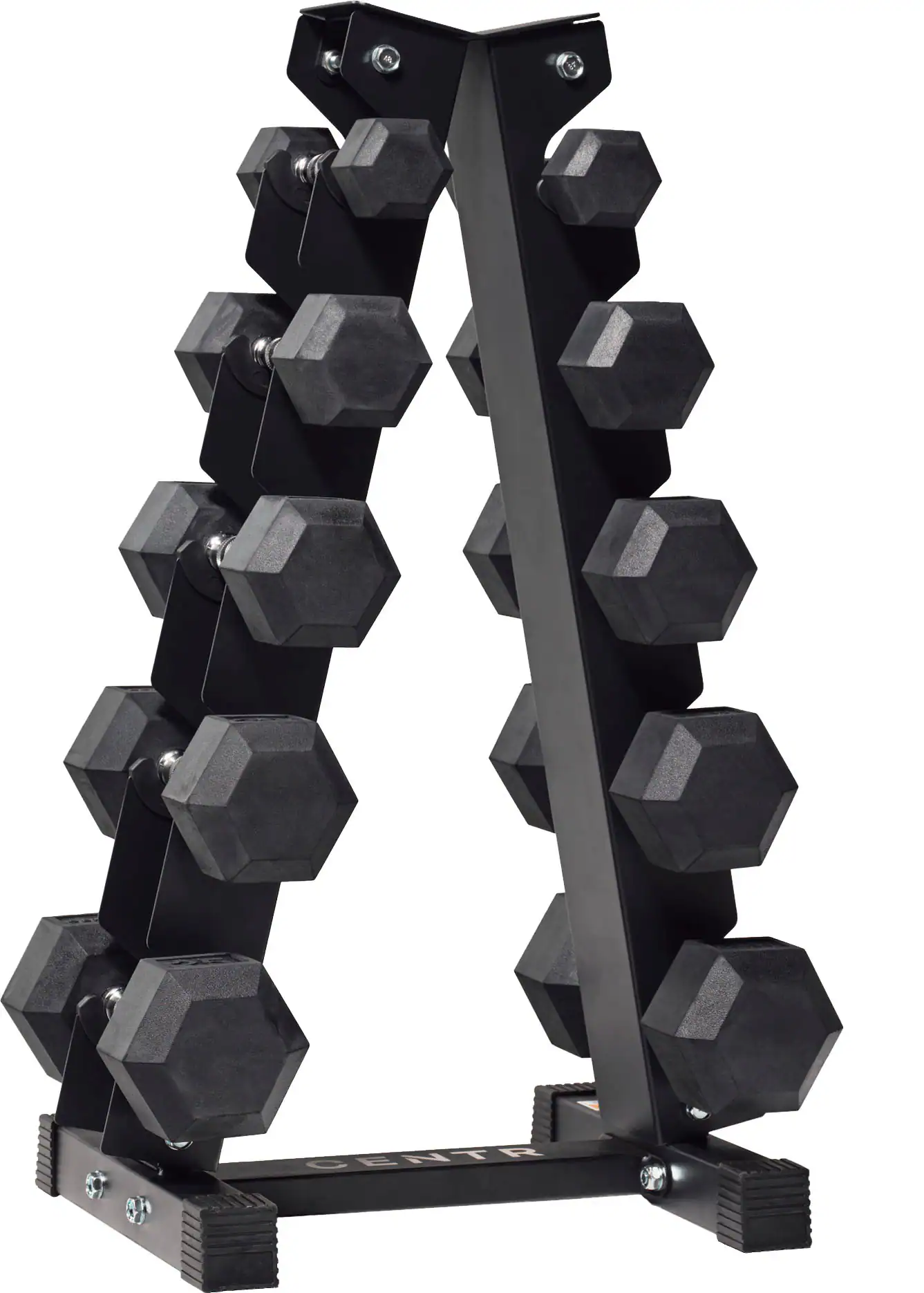 Front. Centr - 5-25 Lb Dumbbell Weight Set with Rack - Black.