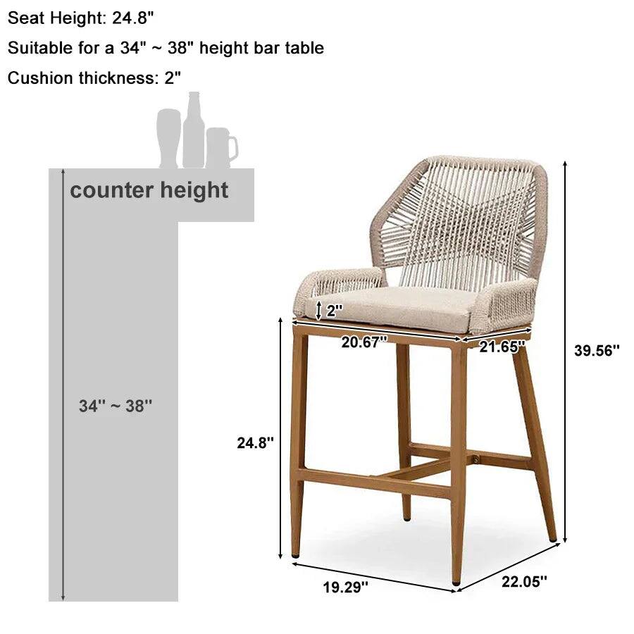 Sure, here is the corrected and grouped text:

---

**Seat Height:** 24.8"

**Suitable for a 34" ~ 38" height bar table**

**Cushion thickness:** 2"

---

**Dimensions:**

- **Counter height:** 34" ~ 38"
- **Seat height:** 24.8"
- **Cushion thickness:** 2"
- **Width:** 20.67" ~ 21.65"
- **Depth:** 19.29" ~ 22.05"
- **Height:** 39.56"
- **Leg width:** 19.29" ~ 22.05"

---