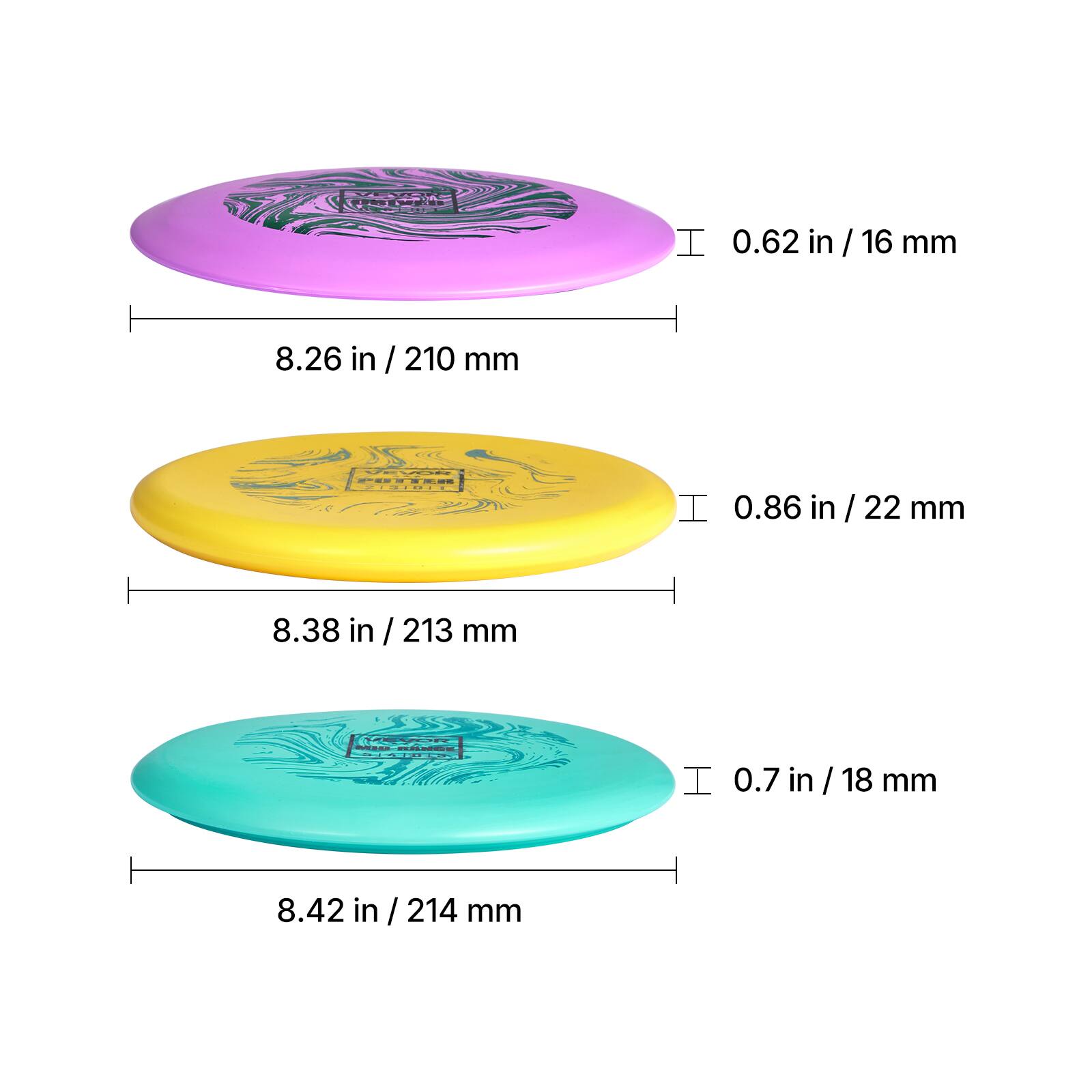 0.62 in / 16 mm  
8.26 in / 210 mm  

0.86 in / 22 mm  
8.38 in / 213 mm  

0.7 in / 18 mm  
8.42 in / 214 mm