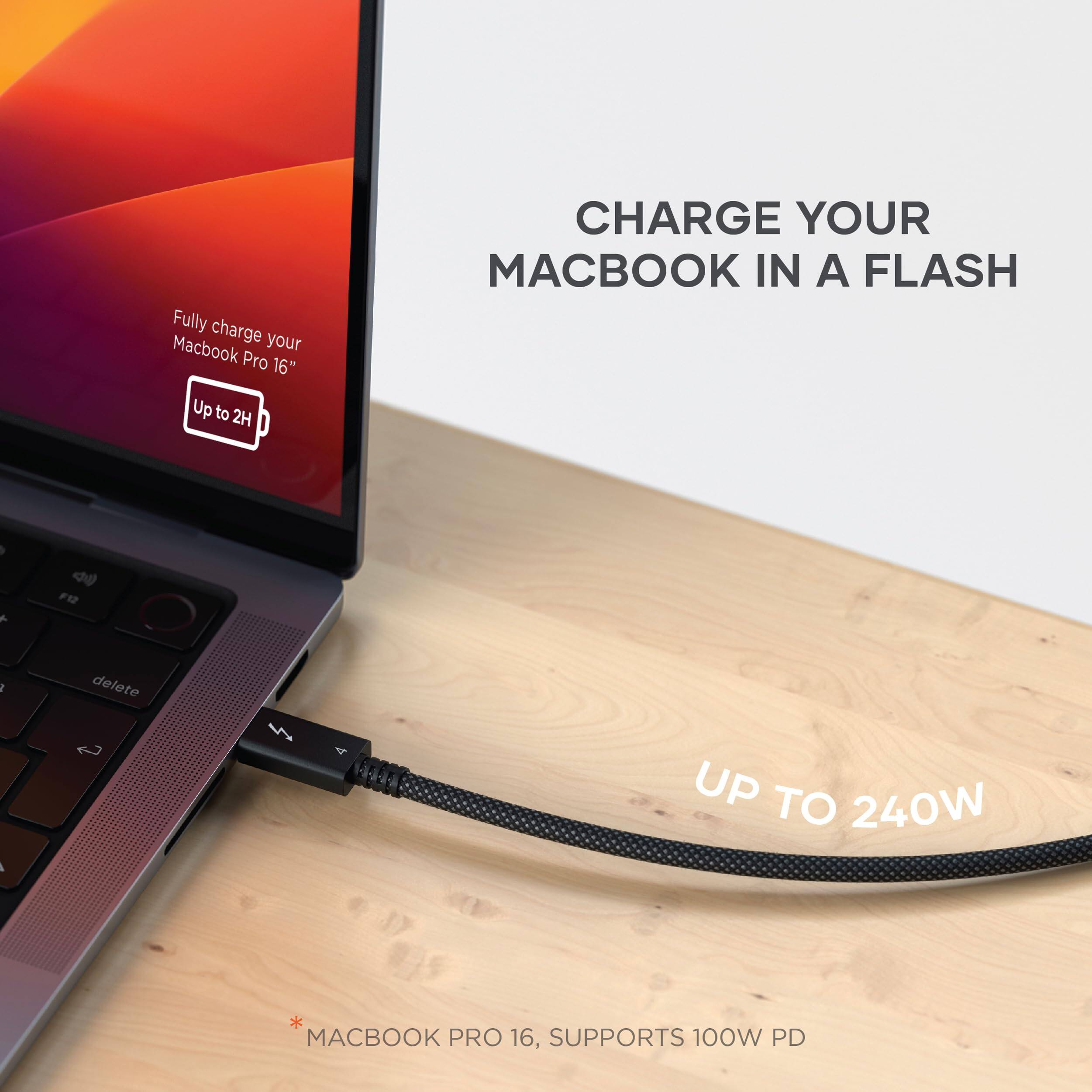Fully charge your MacBook Pro 16"  
Up to 2H  
CHARGE YOUR MACBOOK IN A FLASH  

*MACBOOK PRO 16", SUPPORTS 100W PD  
UP TO 240W