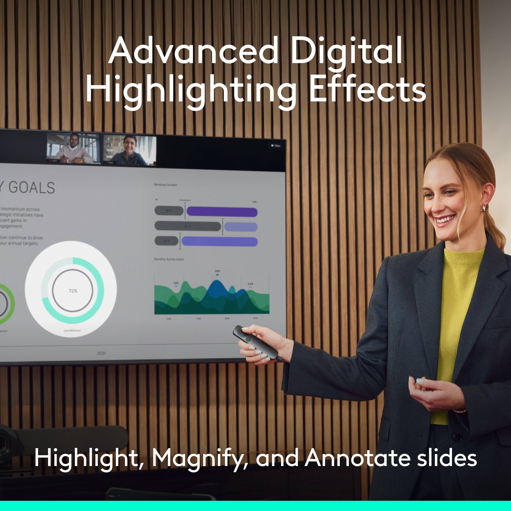 Advanced Digital Highlighting Effects

GOALS
Revenue growth -
1 momentum across strategic initiatives have seen gains in engagement.
...
()
tion continue to drive our annual targets.
Monthly Active Users
100
186

72%
=
action
backfictions
2030

Highlight, Magnify, and Annotate slides