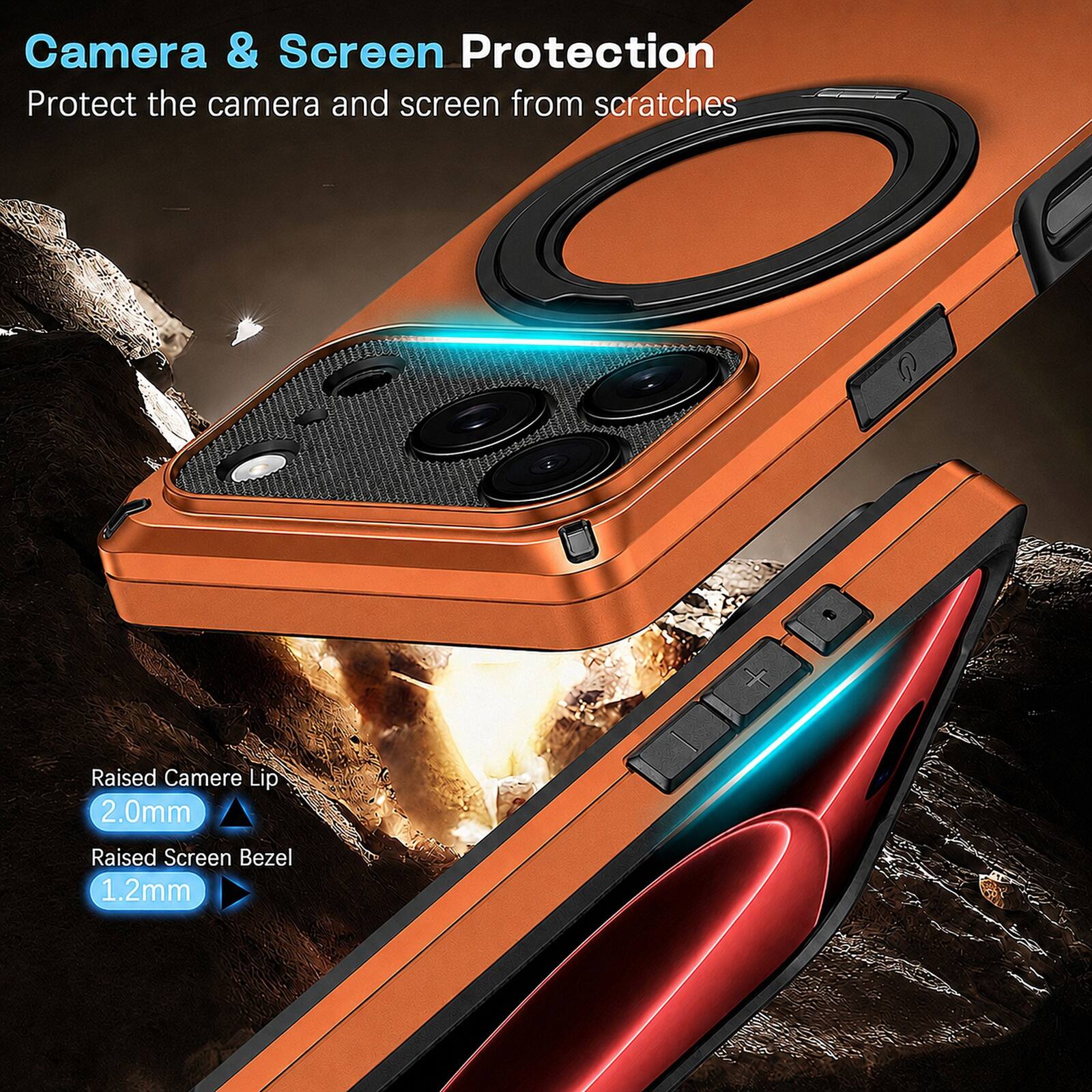 Camera & Screen Protection  
Protect the camera and screen from scratches  

Raised Camera Lip 2.0mm  
Raised Screen Bezel 1.2mm