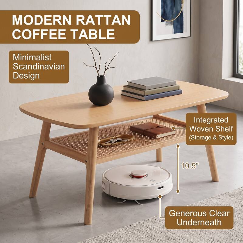 MODERN RATTAN COFFEE TABLE

Minimalist Scandinavian Design

Integrated Woven Shelf (Storage & Style)

10.5"

Generous Clear Underneath