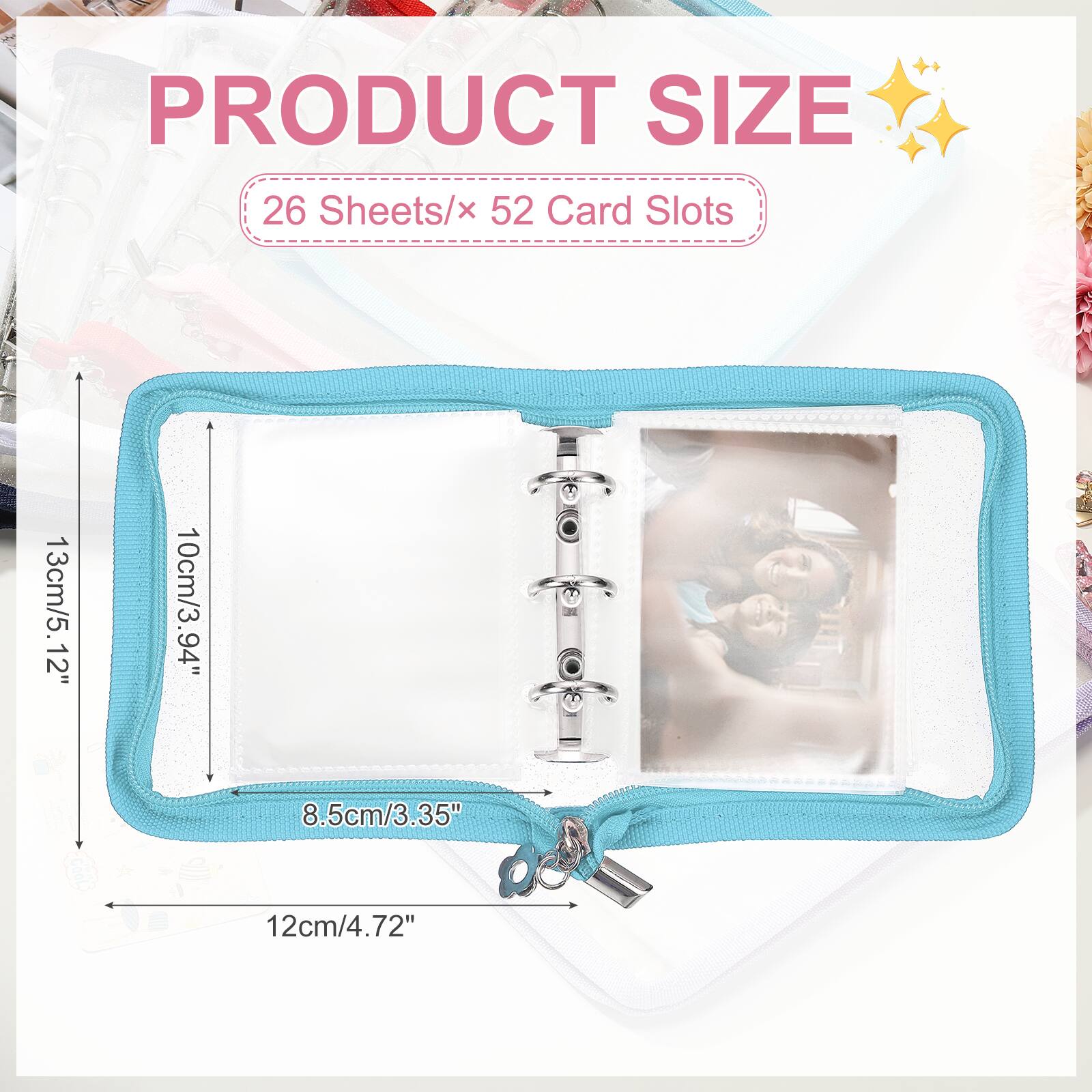PRODUCT SIZE  
26 Sheets/× 52 Card Slots  
13cm/5.12"  
10cm/3.94"  
8.5cm/3.35"  
12cm/4.72"