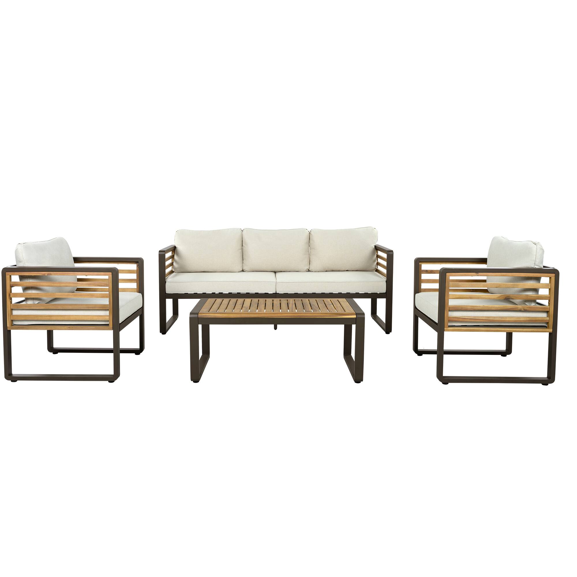 Back. Whisen - 4-Piece Acacia Wood & Metal Patio Conversation Sofa Set for 5, with 4-Inch Thick Removable Cushions - Beige|Brown.