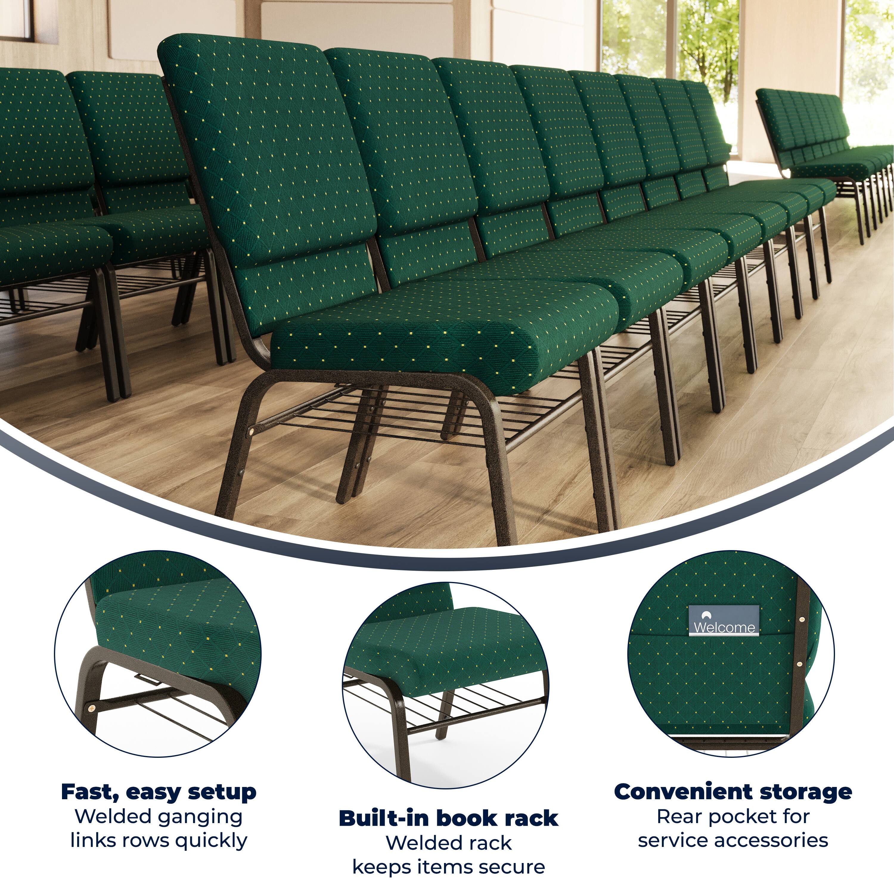 Welcome

Fast, easy setup
Welded ganging links rows quickly

Built-in book rack
Welded rack keeps items secure

Convenient storage
Rear pocket for service accessories