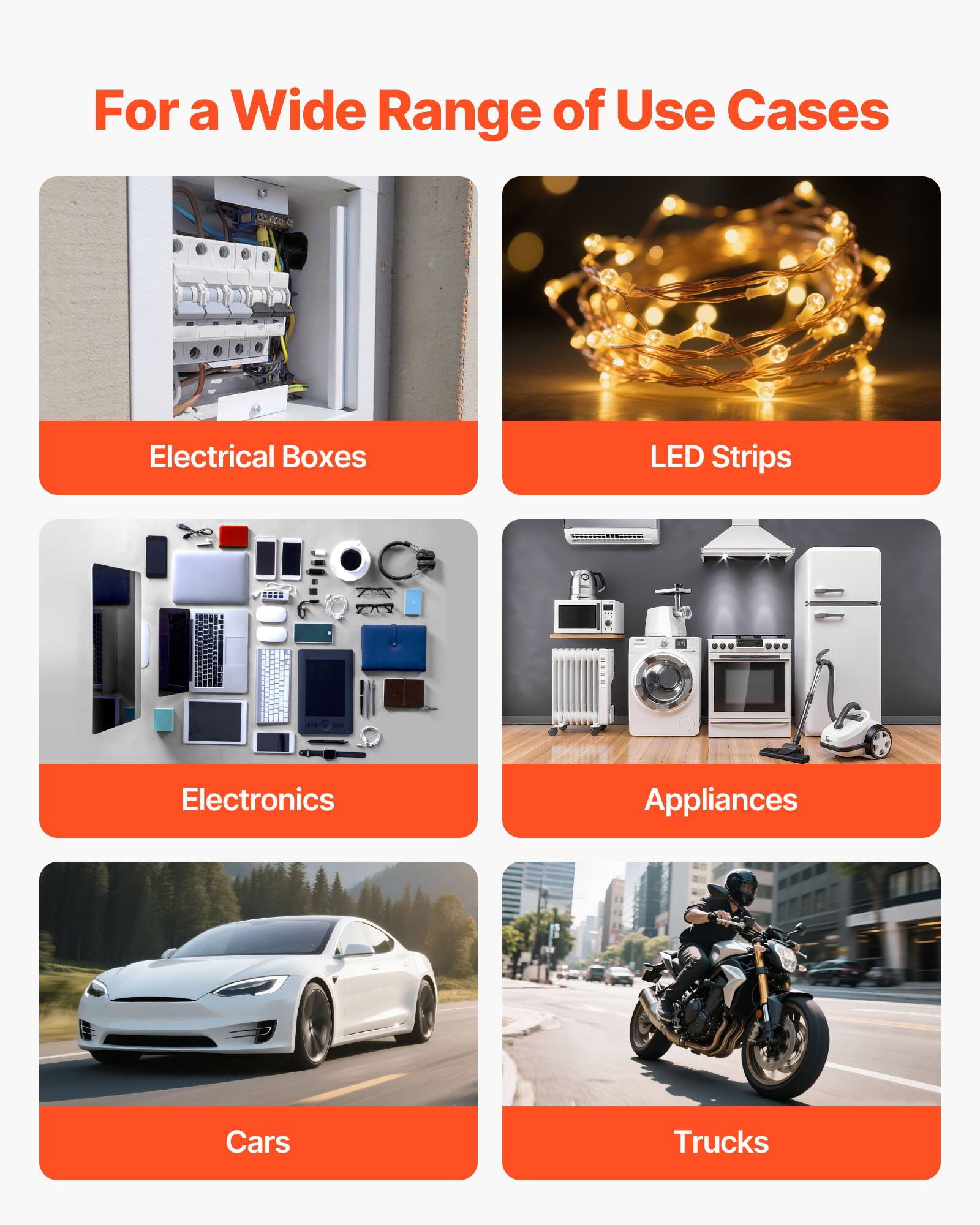 For a Wide Range of Use Cases

- Electrical Boxes
- LED Strips
- Electronics
- Appliances
- Cars
- Trucks