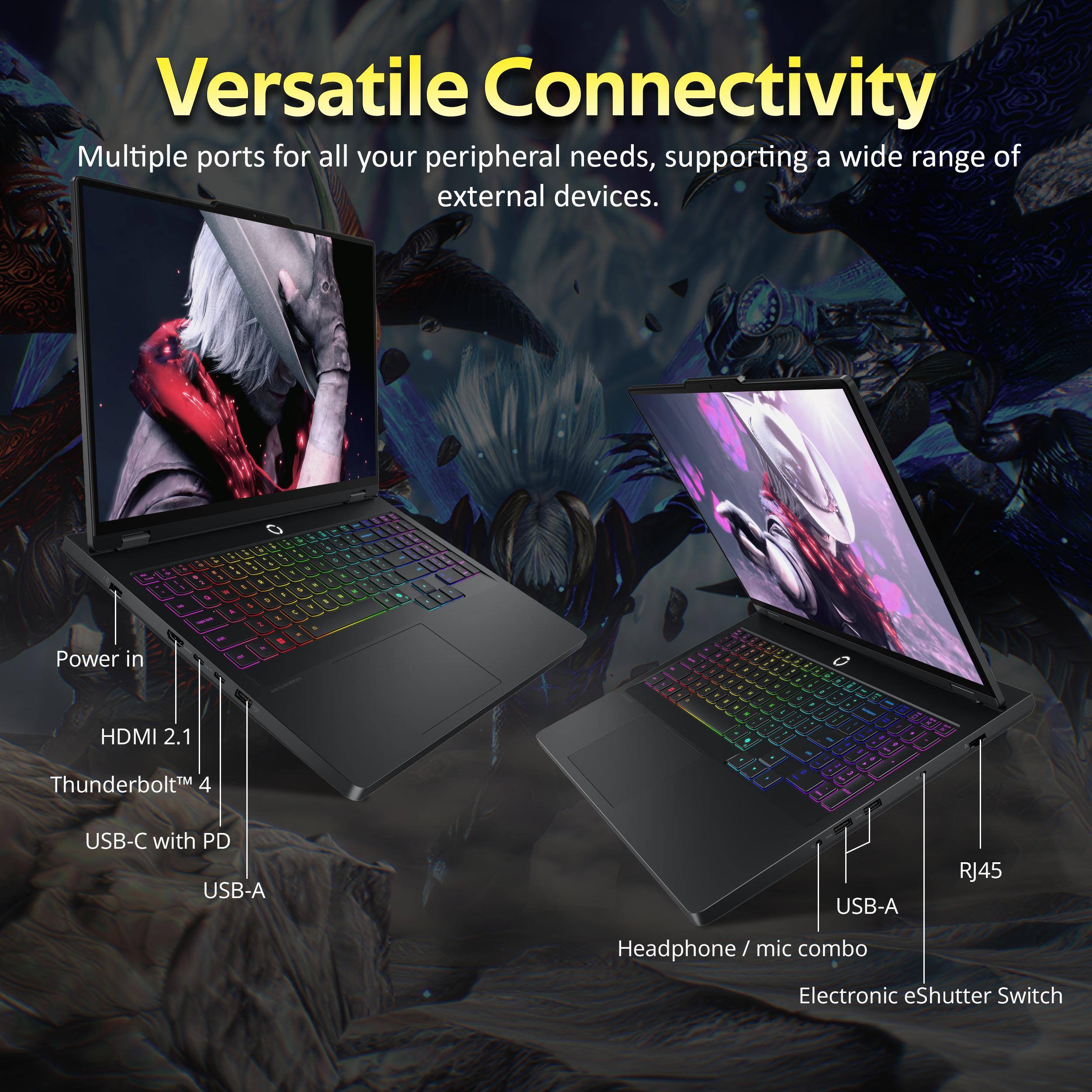 Versatile Connectivity  
Multiple ports for all your peripheral needs, supporting a wide range of external devices.  

- Power in  
- HDMI 2.1  
- Thunderbolt™ 4  
- USB-C with PD  
- USB-A  
- USB-A  
- RJ45  
- Headphone/mic combo  
- Electronic eShutter Switch