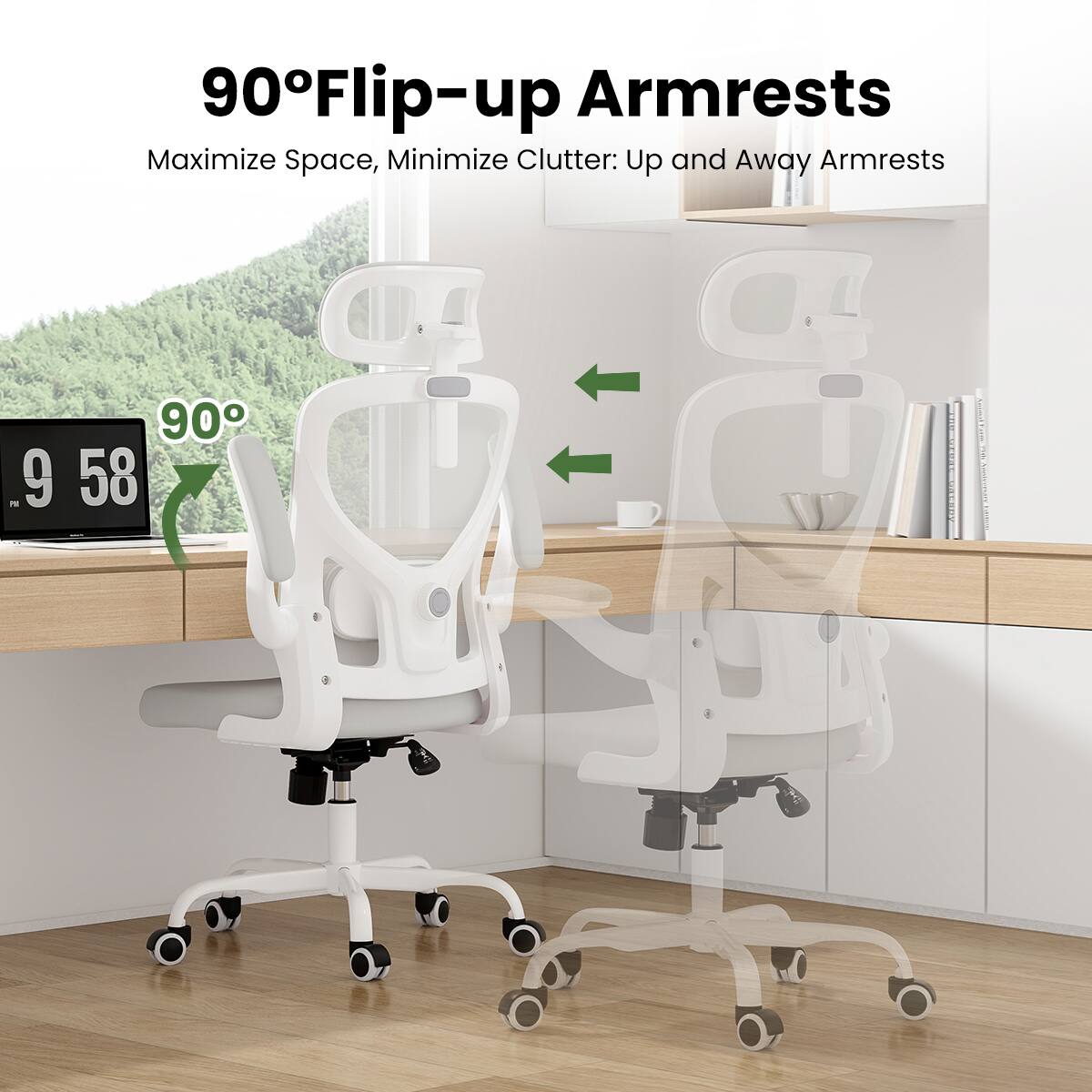 90° Flip-up Armrests  
Maximize Space, Minimize Clutter: Up and Away Armrests