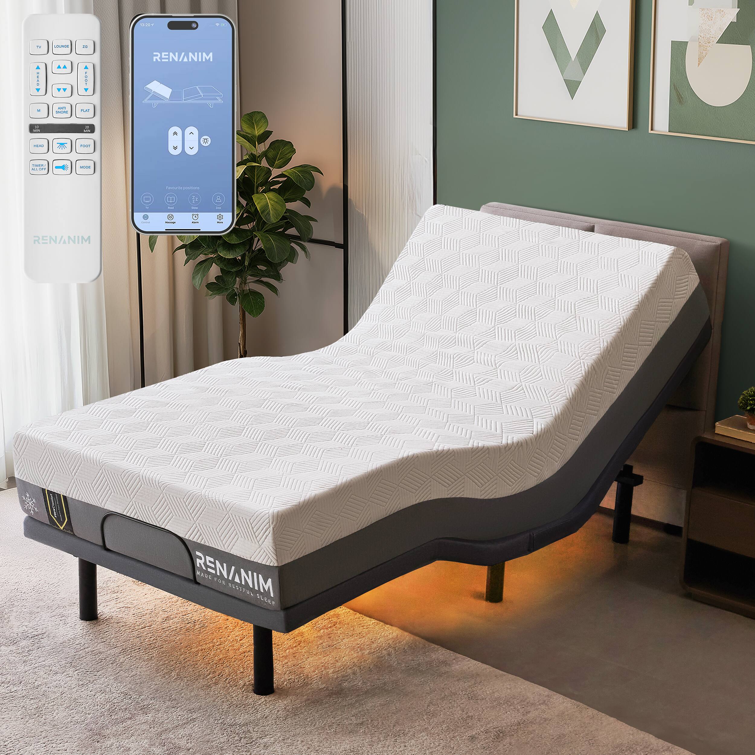 Renanim - SF Twin XL Adjustable Bed with 10" Cooling Gel Memory Foam Mattress, Massage, Zero Gravity Electric Bed - Gray