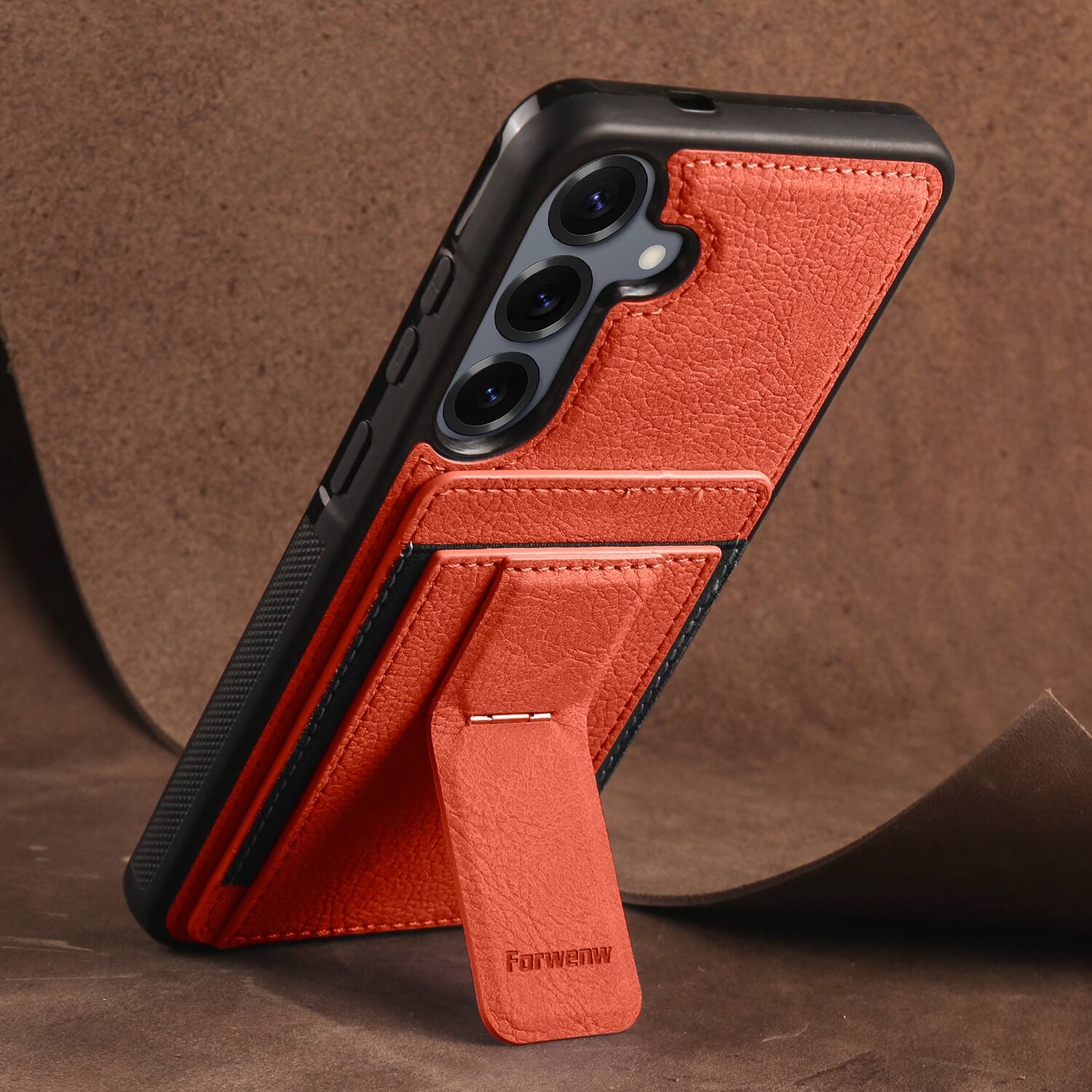 Angle. Dteck - Slim Card Holder Case for Samsung Galaxy S24, Shockproof Wallet Protective Cover with Kickstand - Orange.