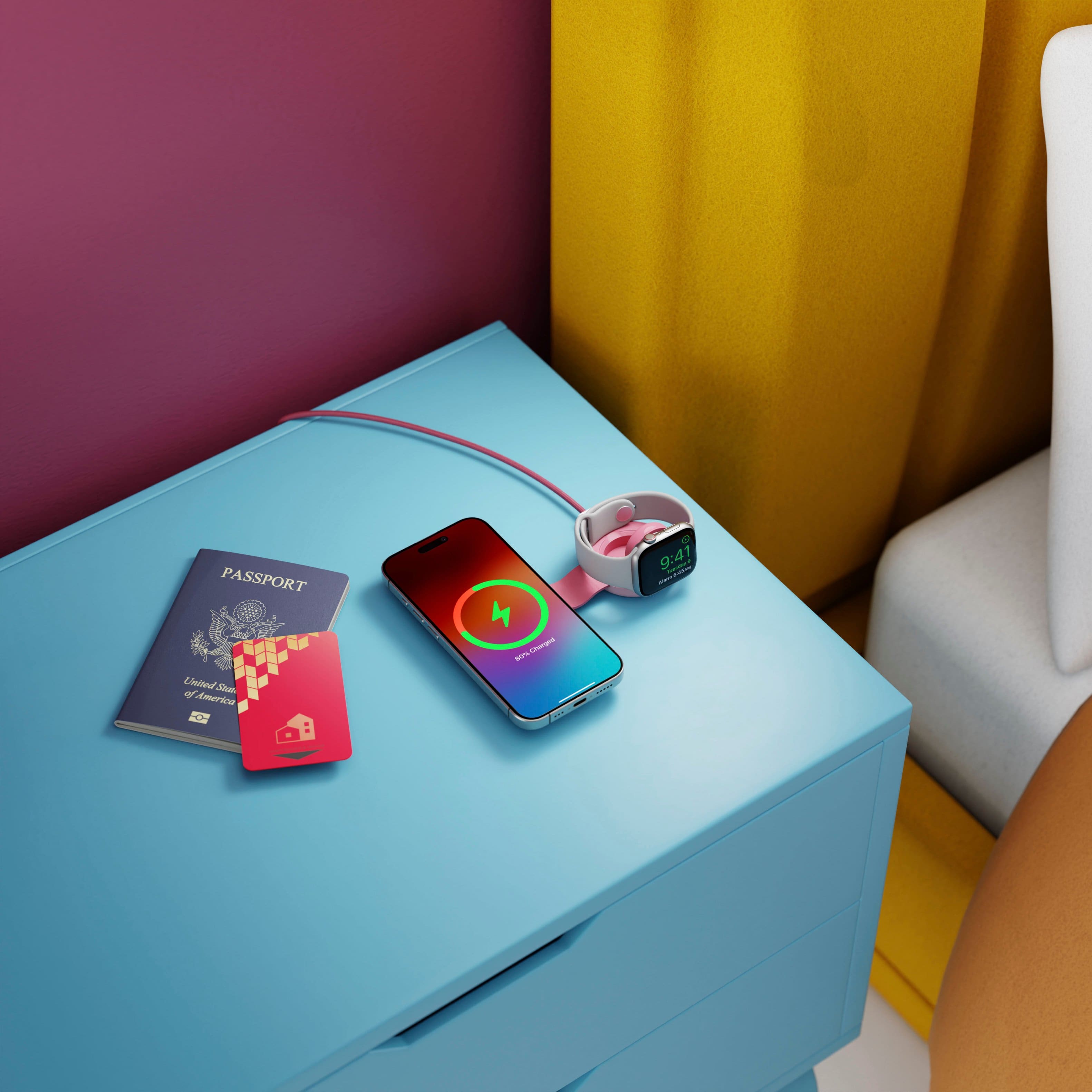 The image features a blue table with a cell phone, a passport, and a watch. The cell phone is connected to the watch, and the passport is placed next to the cell phone. The time displayed on the watch is 9:41.