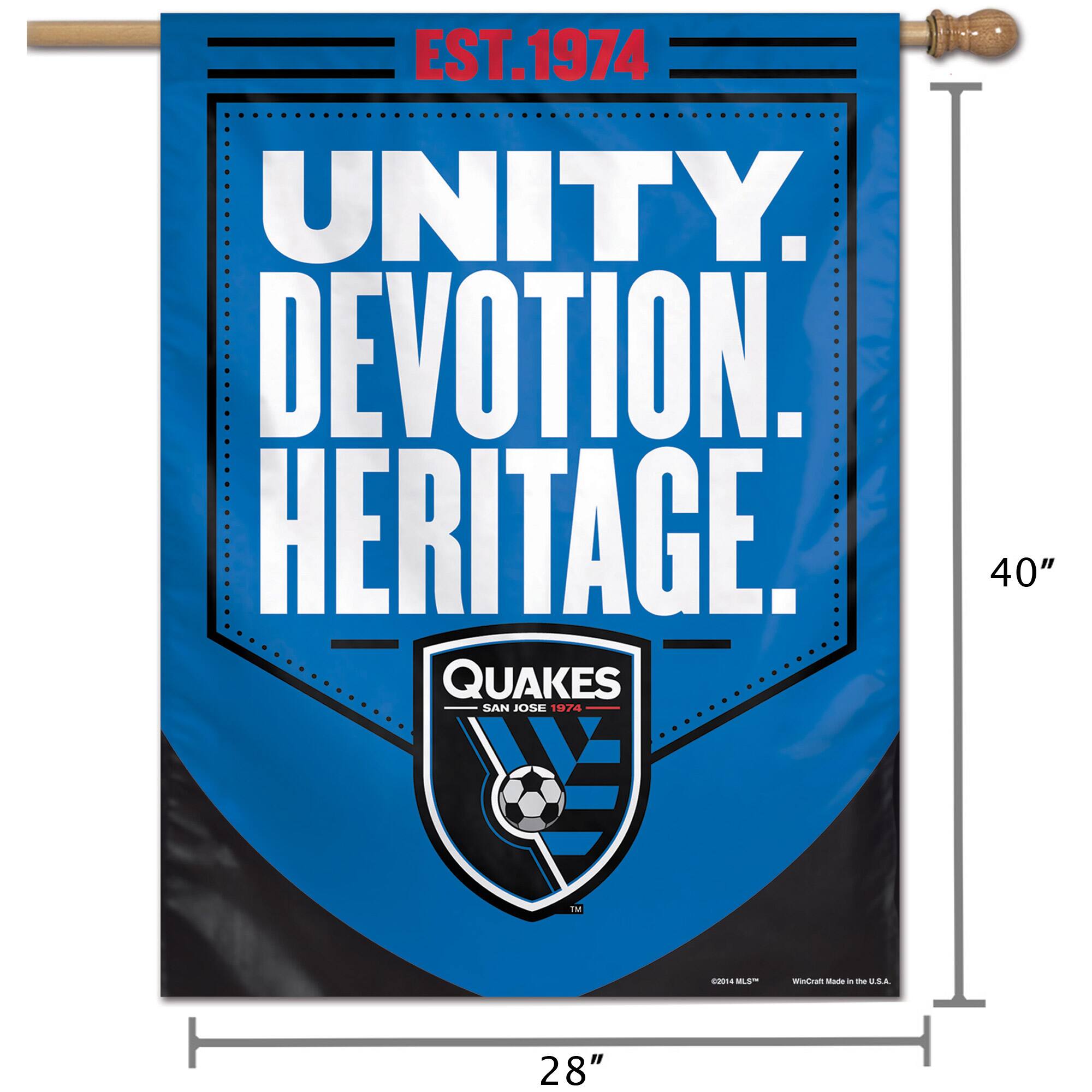 EST. 1974  
UNITY. DEVOTION. HERITAGE.  
QUAKES  
SAN JOSE  
1974  
40" x 28"  
©2014 MLS™  
WinCraft Made in the U.S.A.