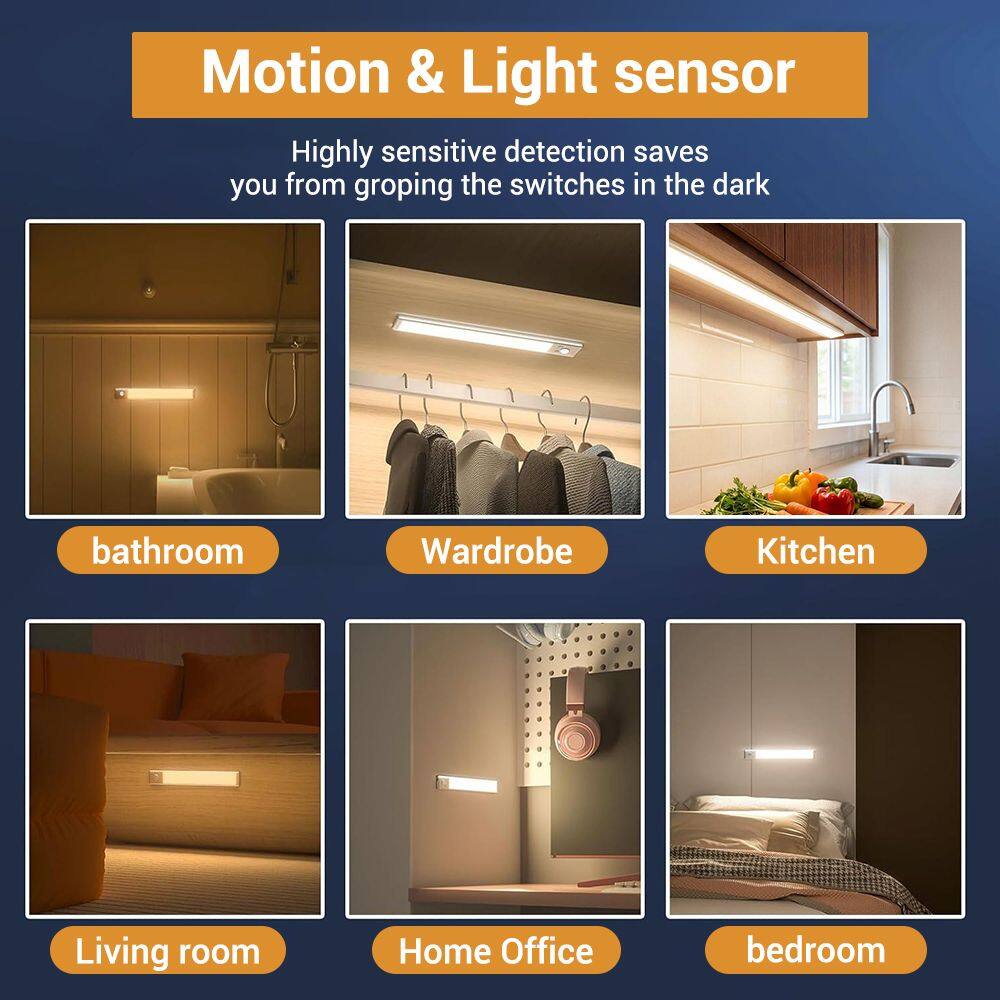 Motion & Light sensor  
Highly sensitive detection saves you from groping the switches in the dark  

bathroom  
Wardrobe  
Kitchen  
Living room  
Home Office  
bedroom