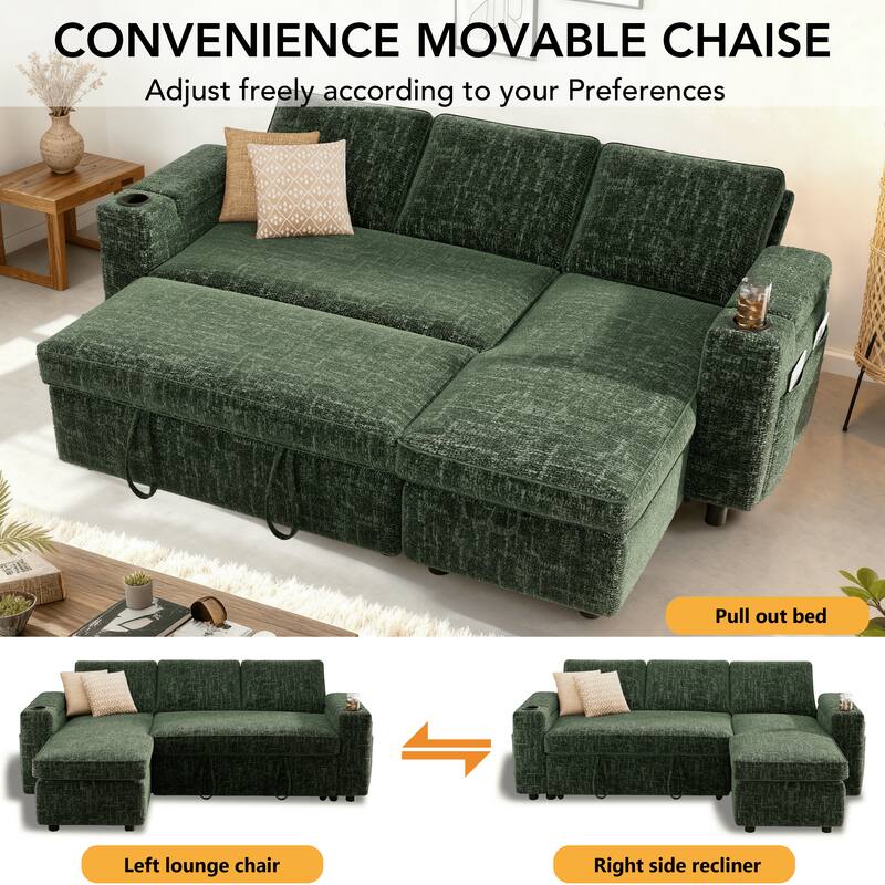CONVENIENCE MOVABLE CHAISE  
Adjust freely according to your Preferences  

- Pull out bed  
- Left lounge chair  
- Right side recliner