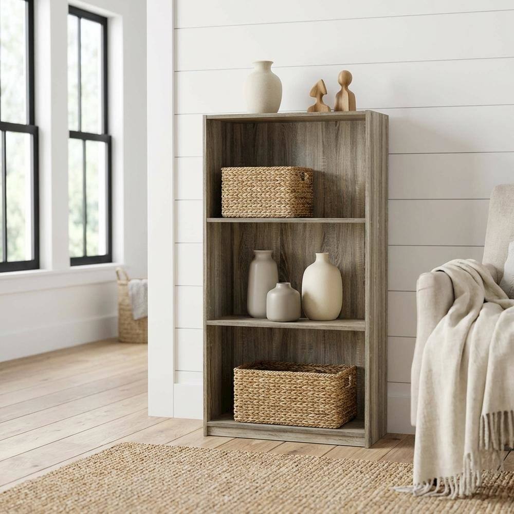 Angle. FurniFact - 3-Tier Bookcase with Sonoma Oak Finish, Durable Wood Shelves for Home Storage - Sonoma Oak.