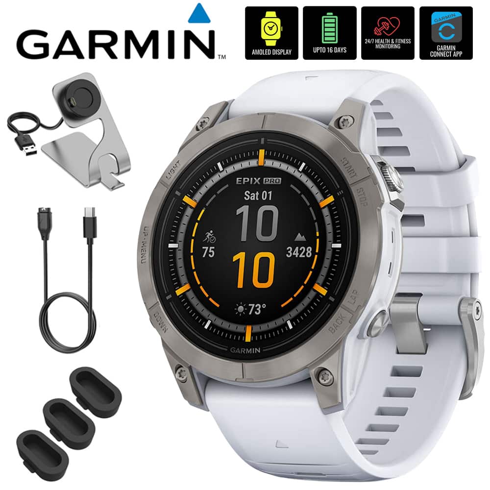 GARMIN™ AMOLED DISPLAY UPTO 16 DAYS 24/7 HEALTH & FITNESS MONITORING GARMIN CONNECT APP LIGHT UP MENU NMD0 75 EPIX PRO Sat 01 10 3428 10 73 GARMIN START STOP LAP BACK