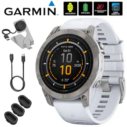 GARMIN™ AMOLED DISPLAY UPTO 16 DAYS 24/7 HEALTH & FITNESS MONITORING GARMIN CONNECT APP LIGHT UP MENU NMD0 75 EPIX PRO Sat 01 10 3428 10 73 GARMIN START STOP LAP BACK