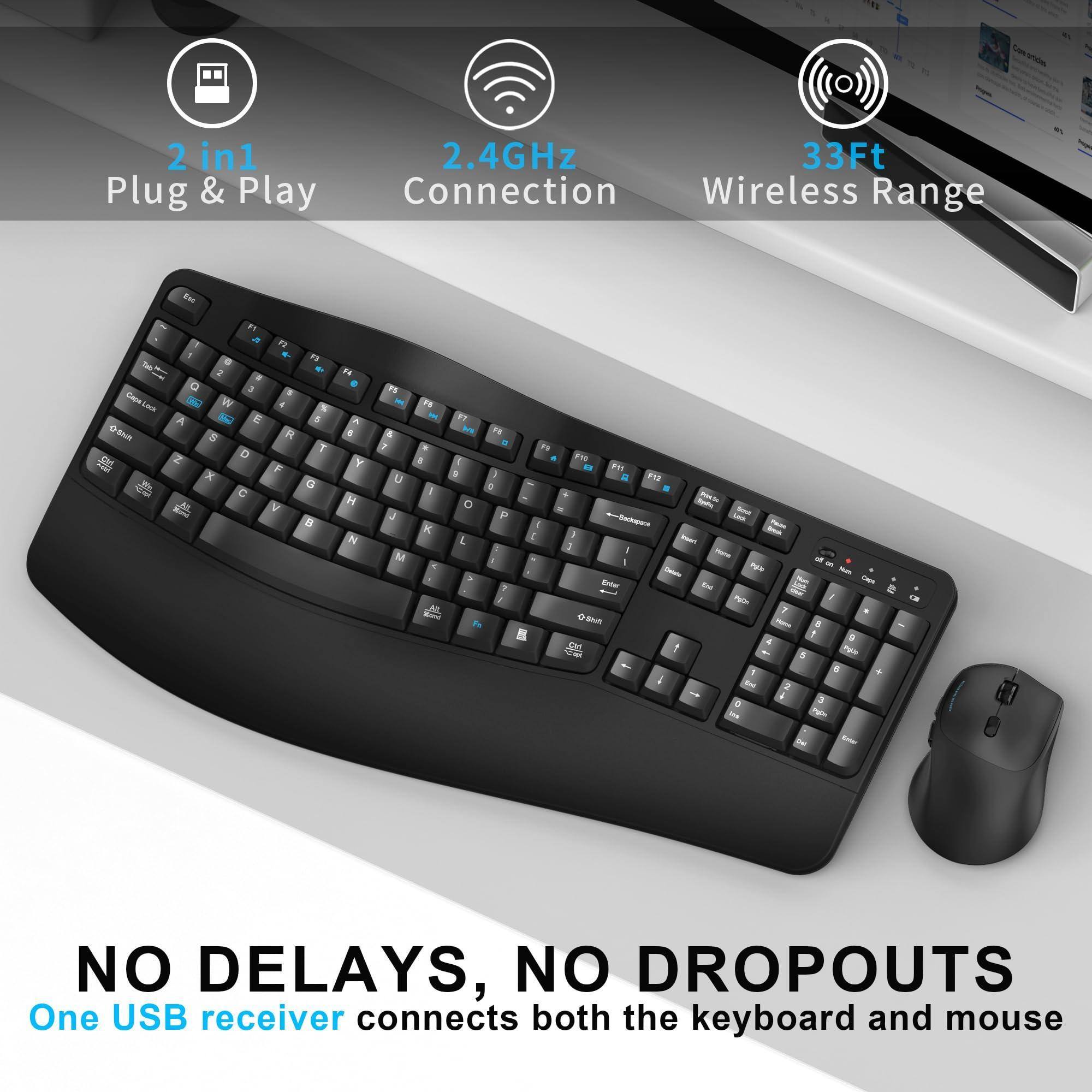 2 in 1 Plug & Play  
2.4GHz Connection  
33Ft Wireless Range  

NO DELAYS, NO DROPOUTS  
One USB receiver connects both the keyboard and mouse