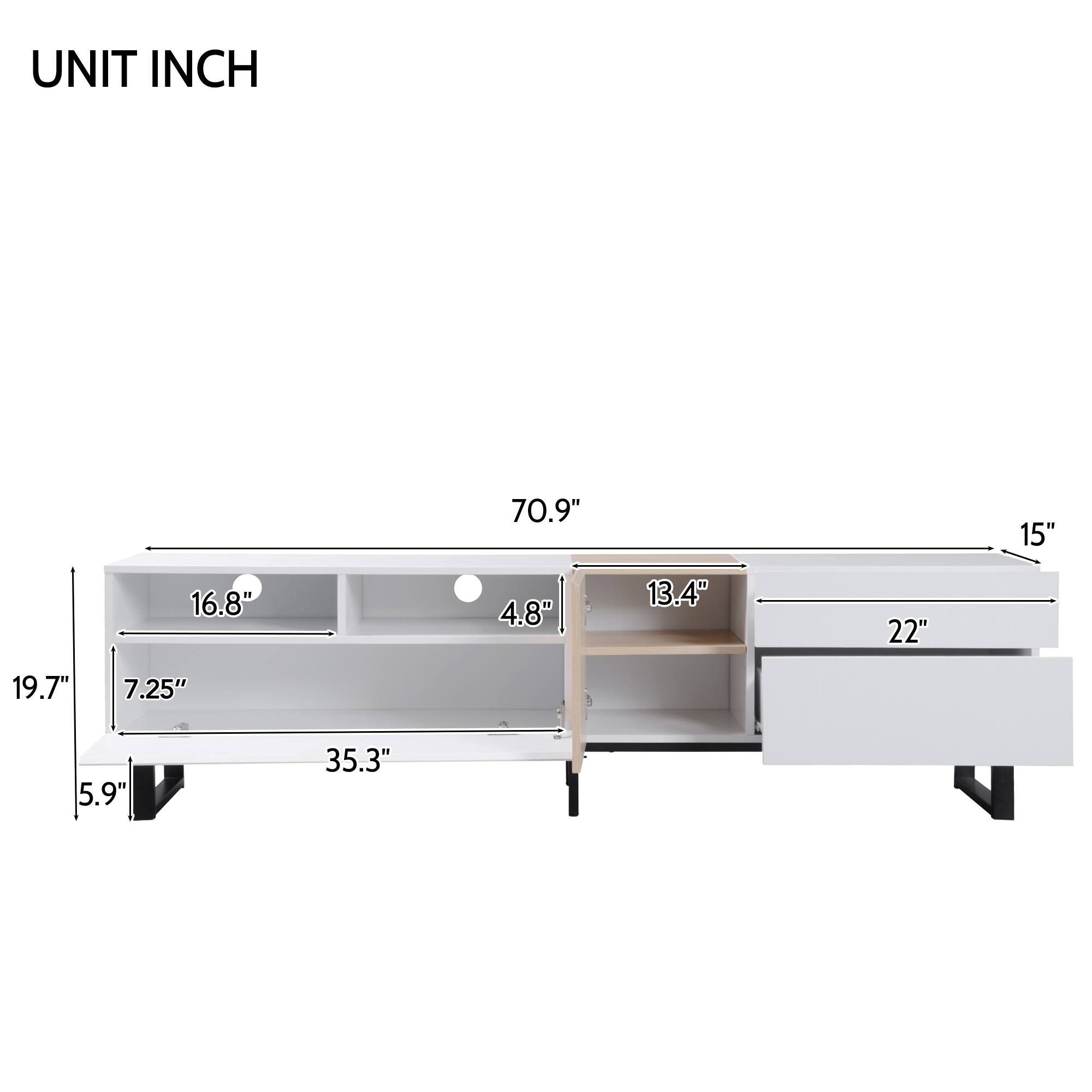 UNIT INCH

- Length: 70.9"
- Height: 15"
- Depth: 19.7"
- Shelf 1: 16.8" (width) x 7.25" (height)
- Shelf 2: 4.8" (width) x 5.9" (height)
- Shelf 3: 13.4" (width) x 22" (height)
- Overall depth: 35.3"