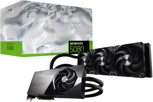 The text on the image reads: "MSI SOC OION 16GB GOD RY SUPRIM LIQUID GEFORCE RTX 5080 OLSS 4 TRACINA LOG | AAT GEFORCE RTX 5080 SUPRIM."