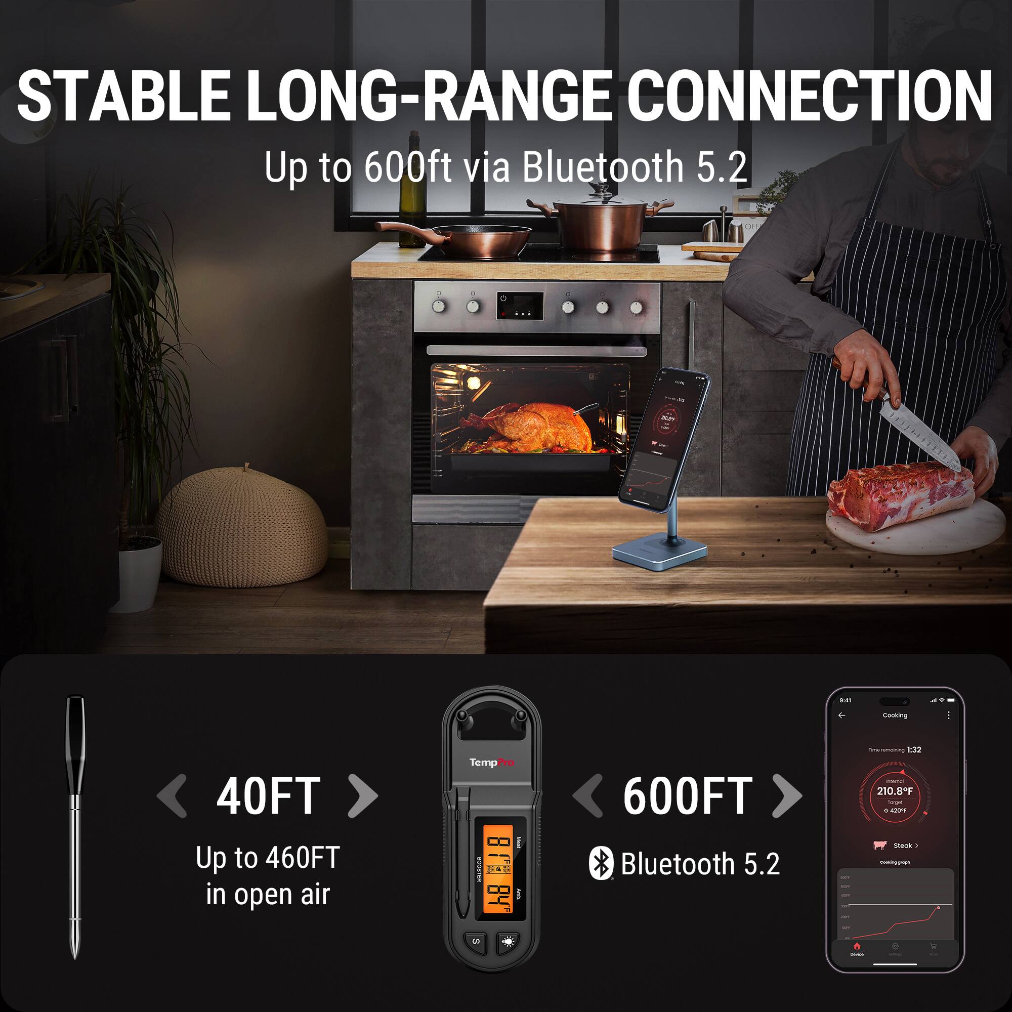 STABLE LONG-RANGE CONNECTION  
Up to 600ft via Bluetooth 5.2

40FT  
Up to 460FT in open air

600FT  
Bluetooth 5.2