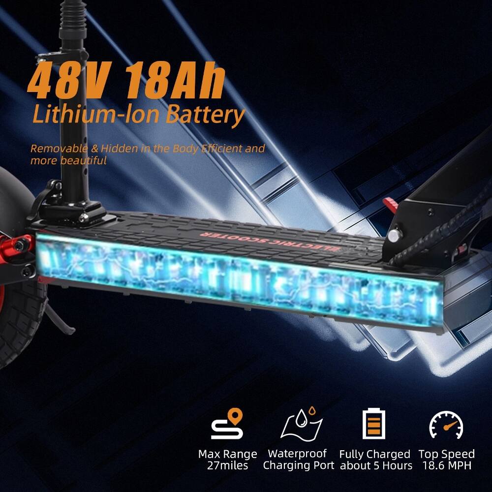 48V 18Ah Lithium-ion Battery Removable & Hidden in the Body Efficient and more beautiful SCOOTER

Max Range: 27 miles
Waterproof
Fully Charged
Charging Port: about 5 Hours
Top Speed: 18.6 MPH
