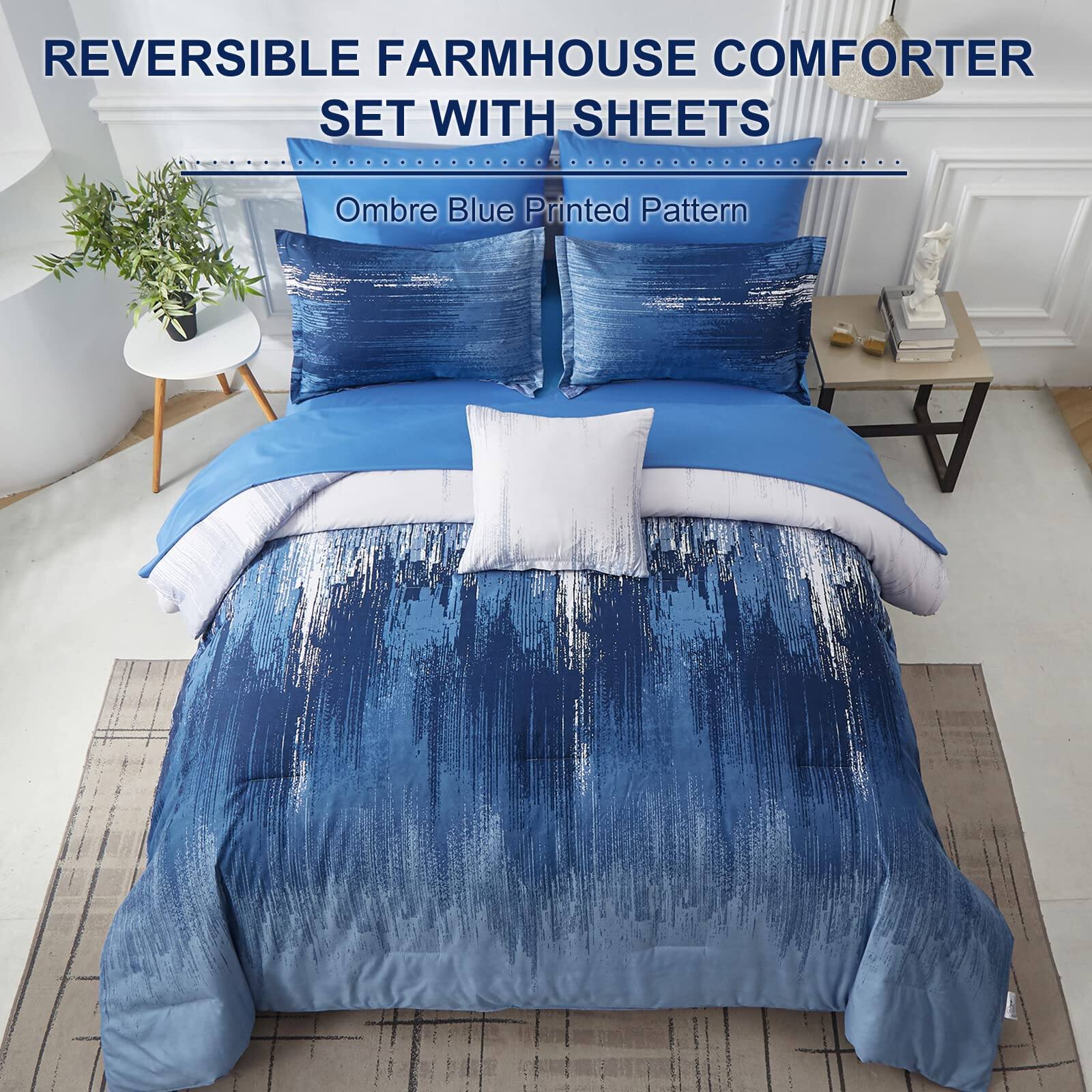 REVERSIBLE FARMHOUSE COMFORTER SET WITH SHEETS  
Ombre Blue Printed Pattern