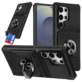 Kitcheniva - Rugged 2x Card Holder Case With Metal Ring With Tempered Glass For Samsung Galaxy S26 Ultra - Black