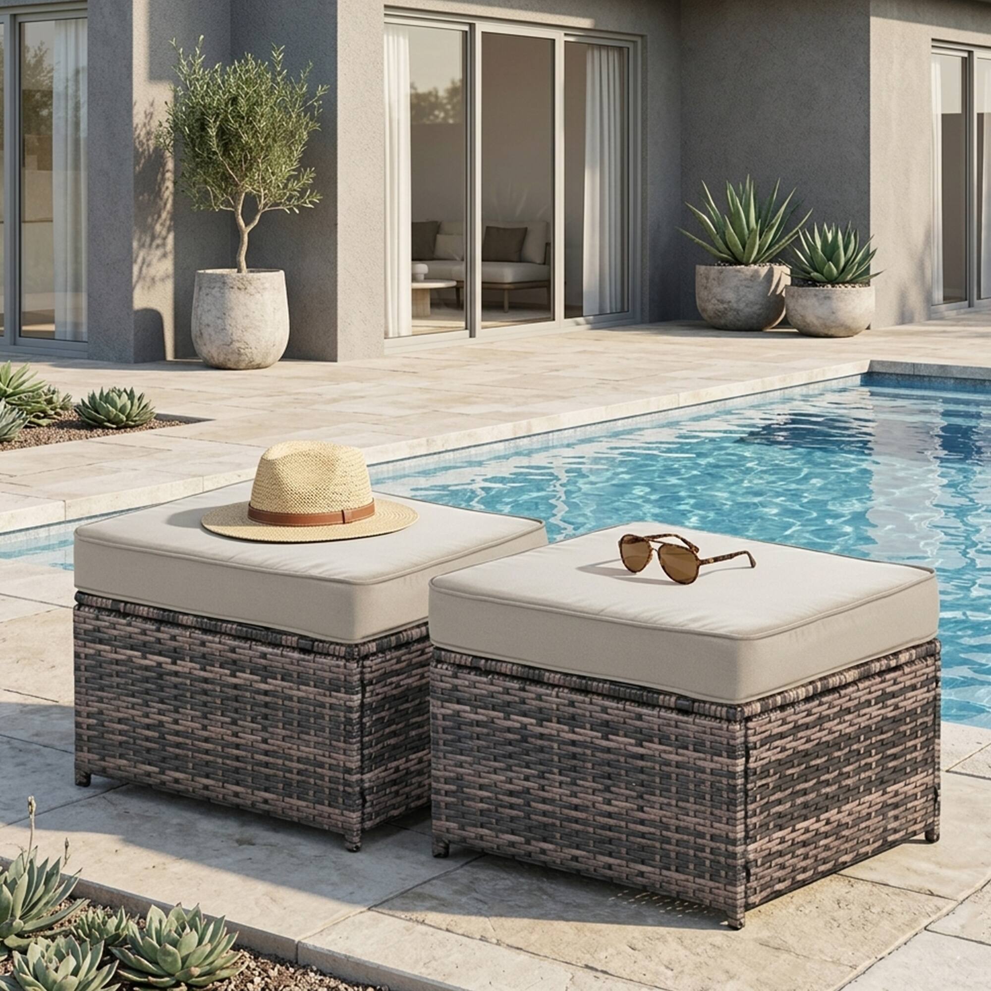 Back. Yardgrace - 2-Piece All-Weather Rattan Patio Ottoman Set, Footstools with Removable Cushions for Garden Backyard Porch - Beige.