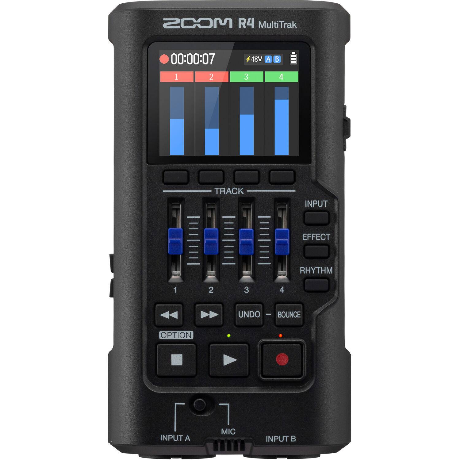 ZOOM R4 MultiTrak

00:00:07

1 2 48V A 3 B 4

TRACK INPUT EFFECT RHYTHM

1 2 3 4

UNDO BOUNCE

OPTION

INPUT A 7 MIC INPUT B
