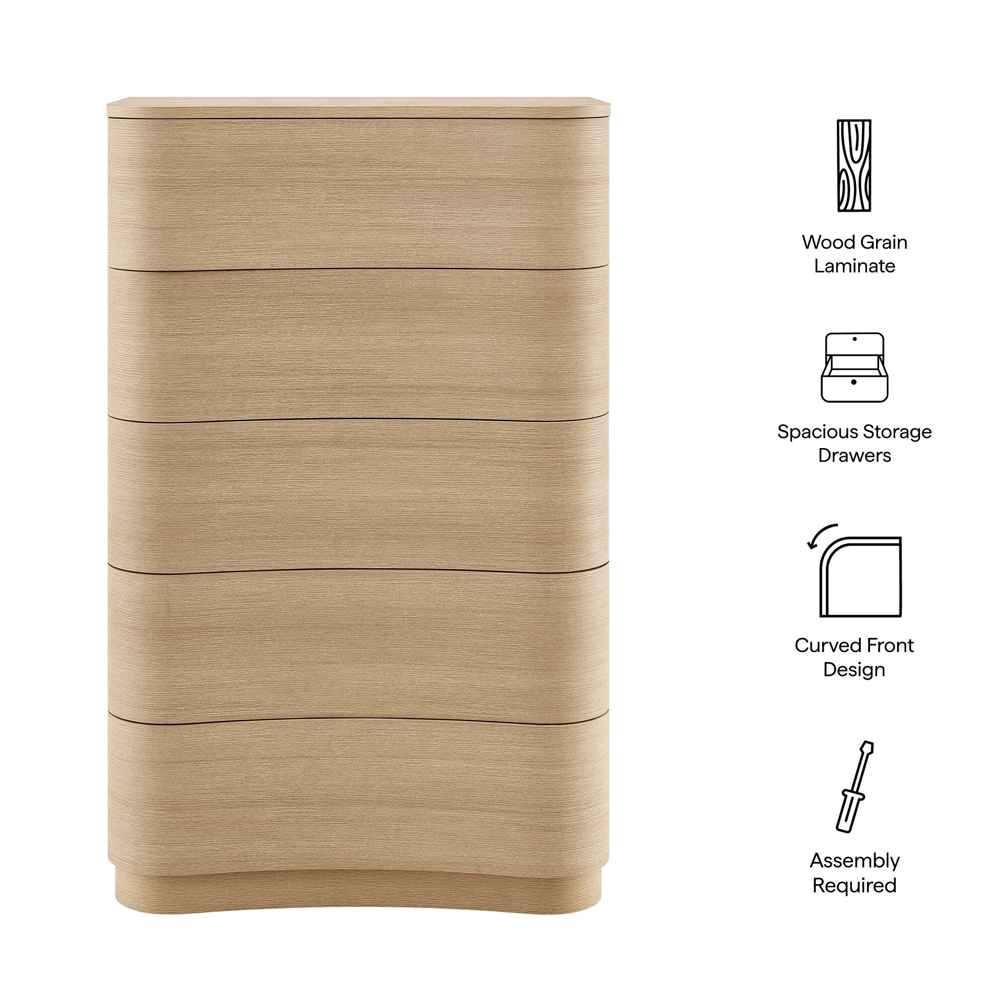 Wood Grain Laminate  
Spacious Storage Drawers  
Curved Front Design  
Assembly Required