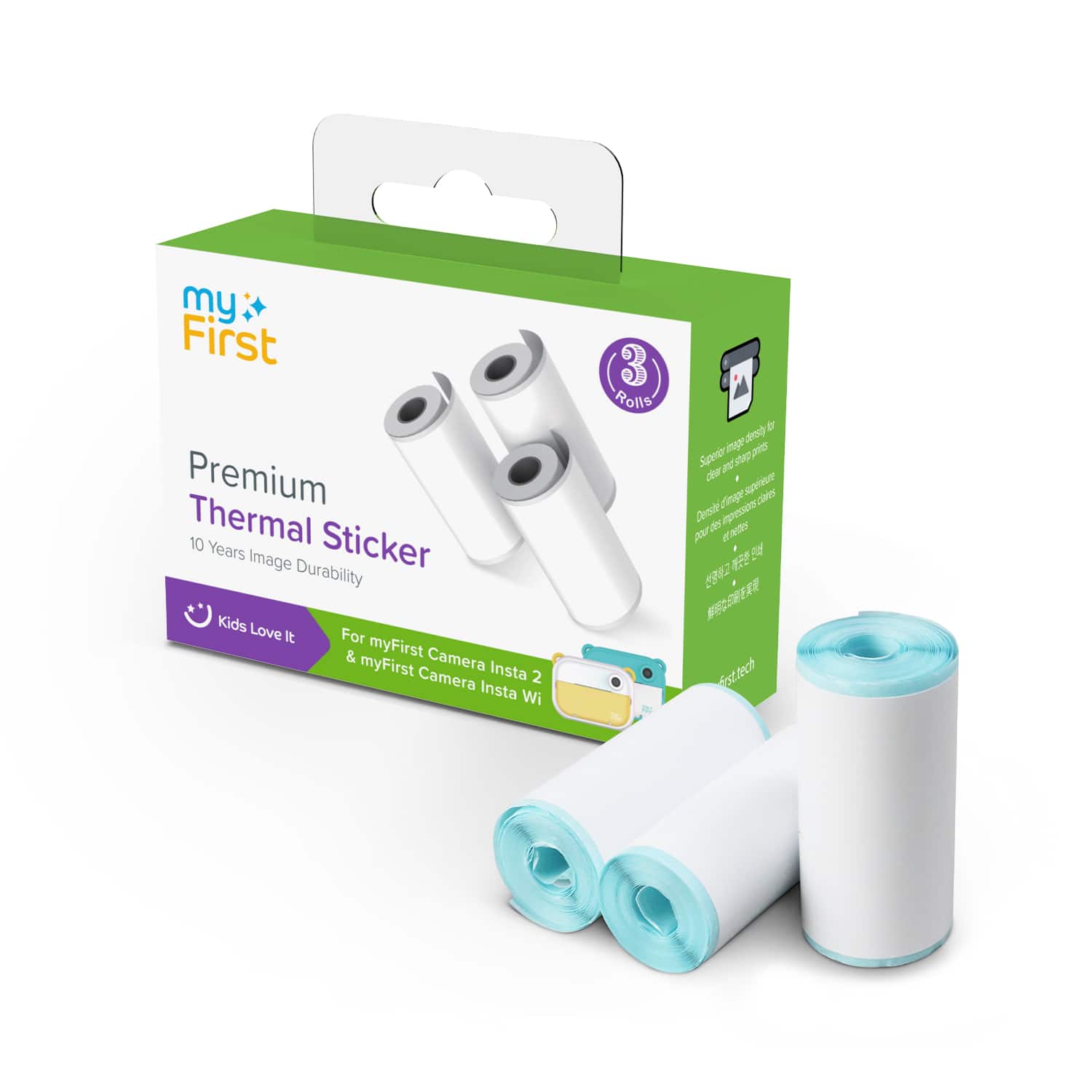 my First Premium Thermal Sticker  
10 Years Image Durability  
Kids Love It  
For myFirst Camera Insta 2 & myFirst Camera Insta Wi  
3 Rolls  
Superior Image Density for Clear & Sharp Prints  
Durable & Fade-Resistant  
FirstTech
