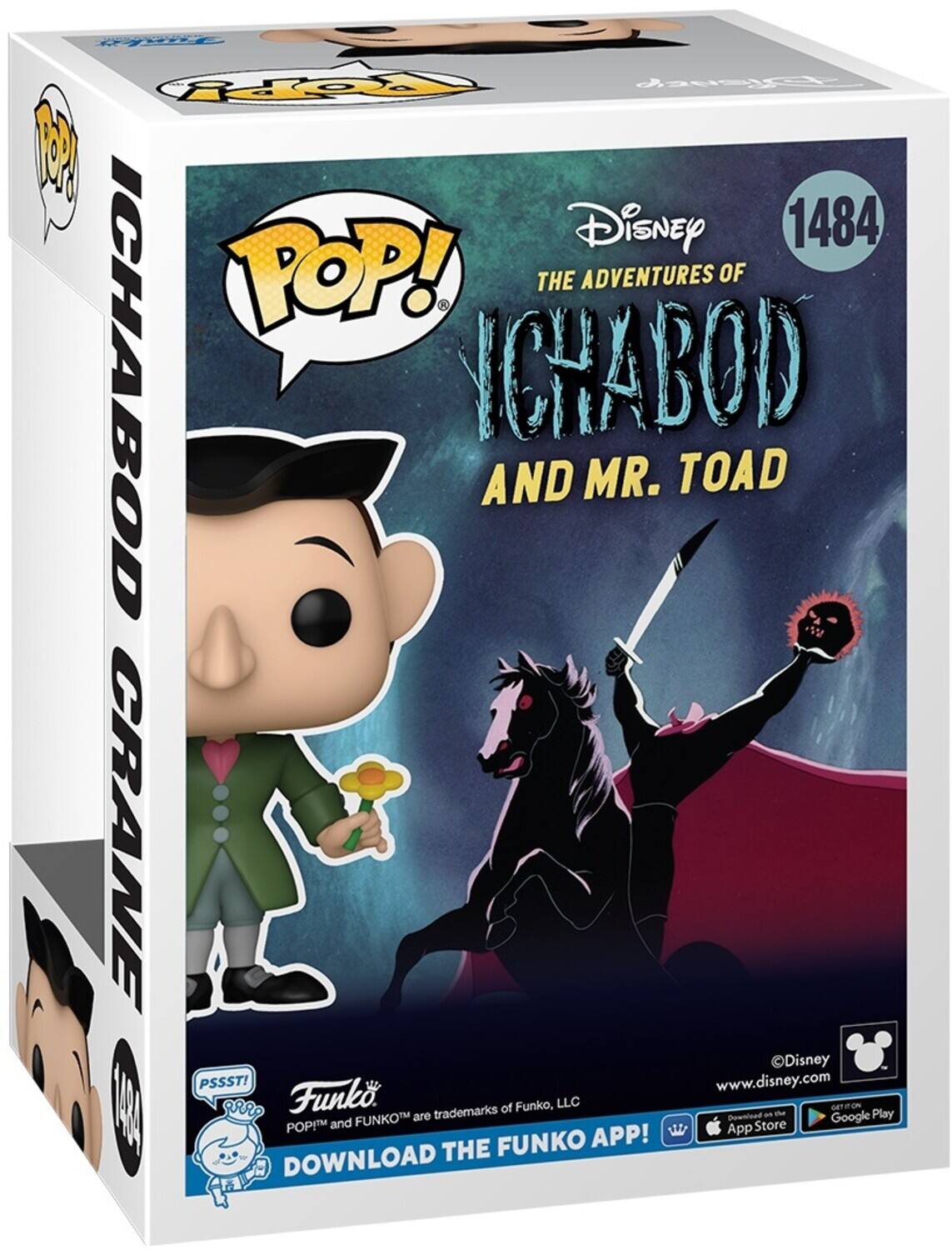Sure, here is the corrected and grouped text from the image:

---

**Disney**  
**1484**  
**THE ADVENTURES OF**  
**ICHABOD AND MR. TOAD**  

**ICHABOD CRANE**  

**POP!**  

**PSSST!**  
**www.disney.com**  

**Funko**  
**POP!™ and FUNKO™ are trademarks of Funko, LLC**  
**DOWNLOAD THE FUNKO APP!**  
**App Store**  
**Google Play**  

---

This text is organized to reflect the information on the packaging.