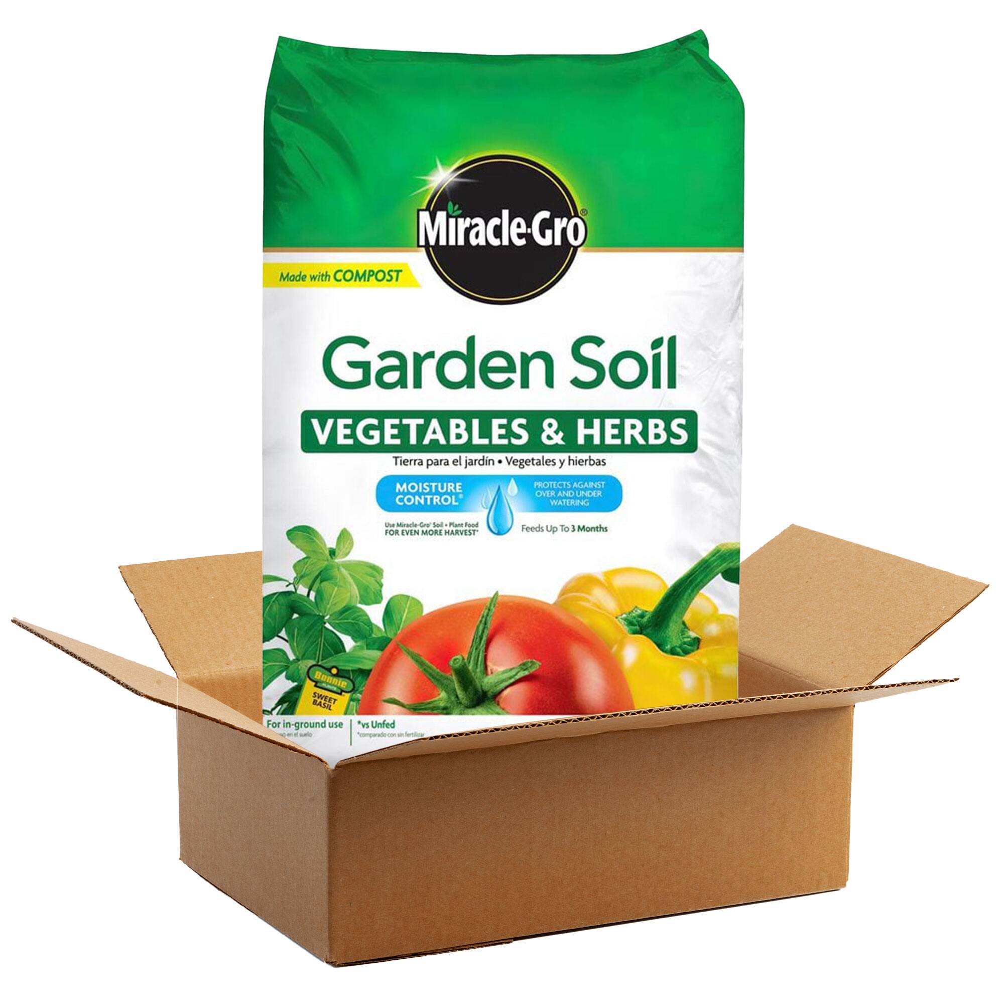 Miracle-Gro Made with COMPOST Garden Soil VEGETABLES & HERBS  
Tierra para el jardín Vegetales y hierbas  
MOISTURE CONTROL PROTECTS AGAINST OVER AND UNDER WATERING  
Feeds Up to 3 Months  
For in-ground use  
vs Unfertilized  
Use Miracle-Gro® Garden Soil - Feed for Even More Harvest